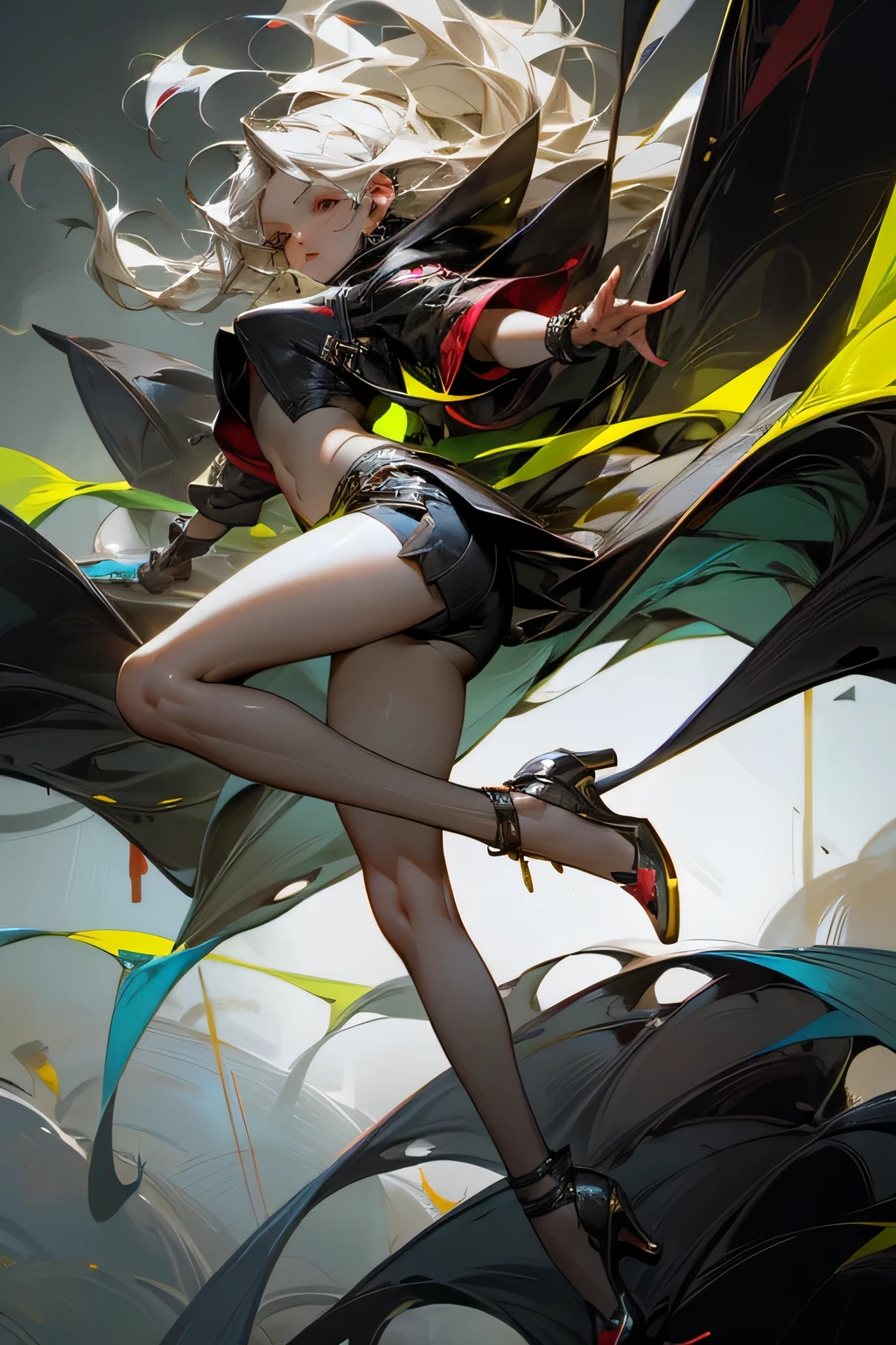1 girl、long legs,Silver Hair、Dark brown eyes、Shining Eyes、Crop top、mini skirt、Parted lips、1woman wearing trendy clothes, in an abstract oil painting style, fashion show, The painting is ultra-high detailed and has a resolution of 8k, showcasing the best quality and craftsmanship,with a touch of fog, creating a mysterious atmosphere , luminous design, vivit colours,spring lights,Artistic,azure, red, (Bare legs:1.1), (black high heels), black short skirt