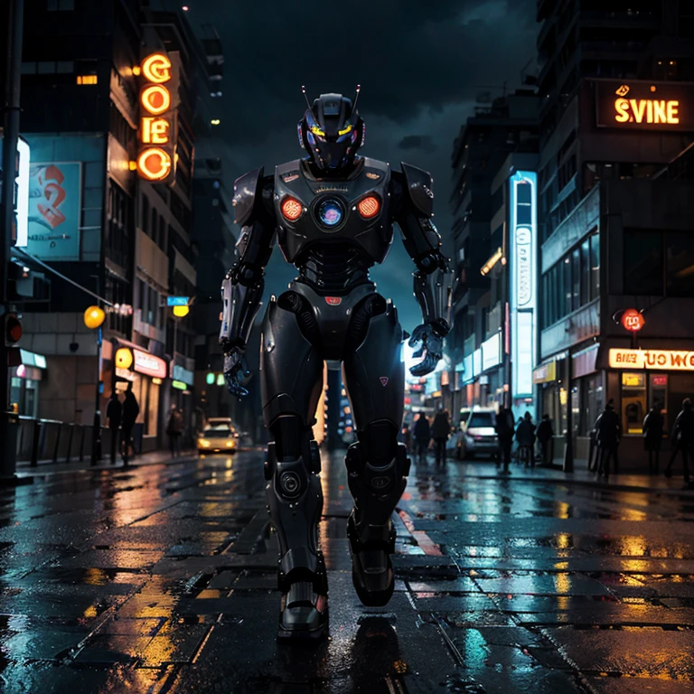 a robot walking on the street, cartoon style, highly detailed, 4k, hyperrealistic, vibrant colors, dynamic lighting, cinematic composition, intricate mechanical details, gears and circuits, futuristic architecture, pedestrians in the background, wet pavement, neon signs, cloudy sky
