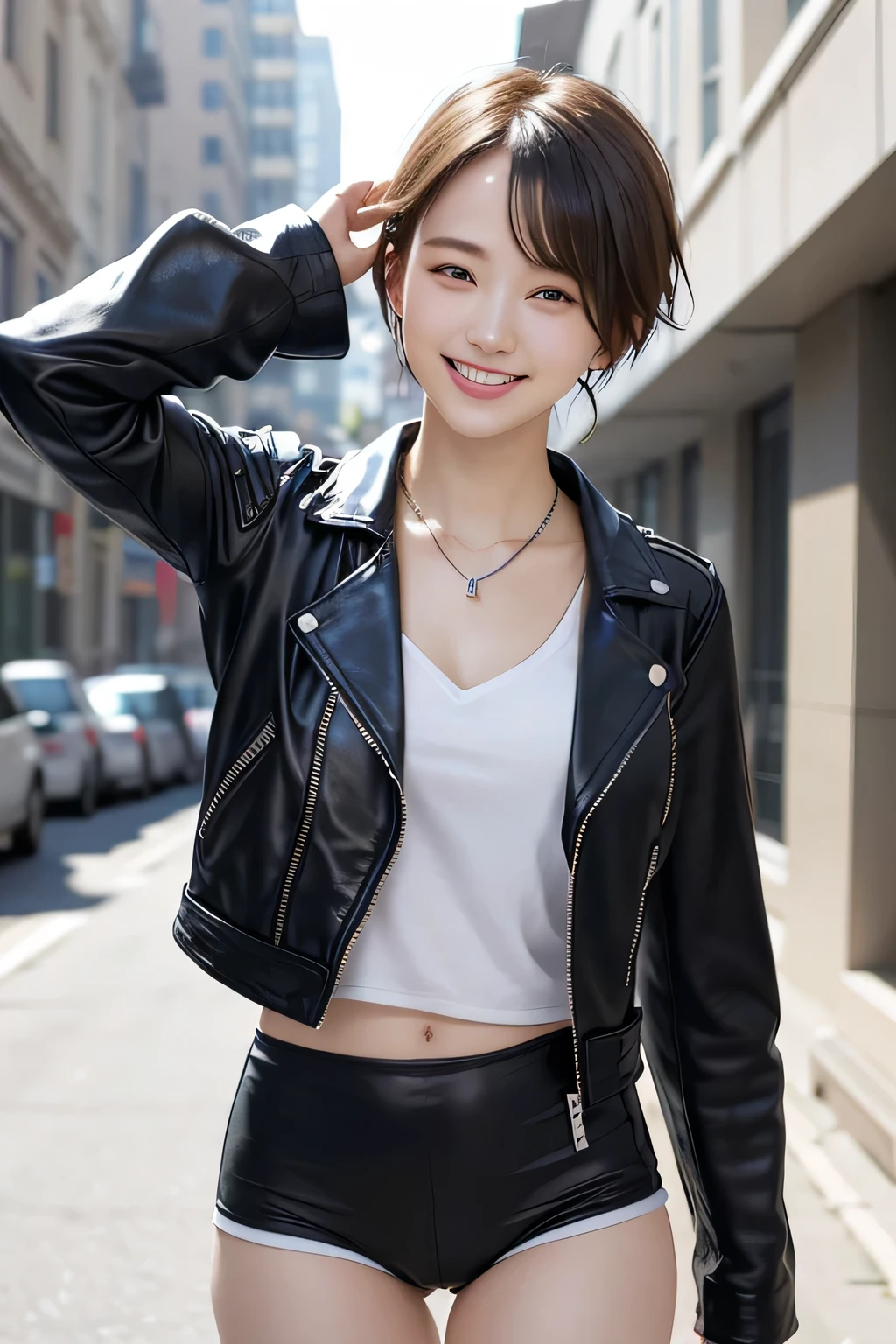 205 ((short hair)), 20-year-old female, In underwear、Leather jacket with sleeves unworn、Wear a jacket over your shoulders、smile、Beautiful teeth alignment、、Black Hair、ear piercing、Necklace around the neck、Looking into the camera, The background is the city