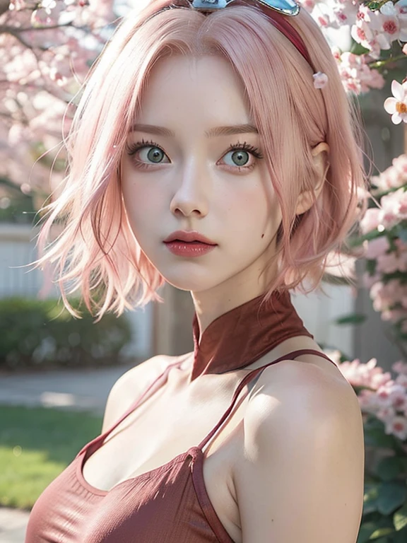 young woman, short shoulder-length pink hair, wide forehead, porcelain skin, pink eyebrows, big emerald green eyes, buttoned nose, full lips, heart-shaped face, slender body, small breasts, red tank top, Sakura Haruno , realistic, realism, details, 3d, well detailed
