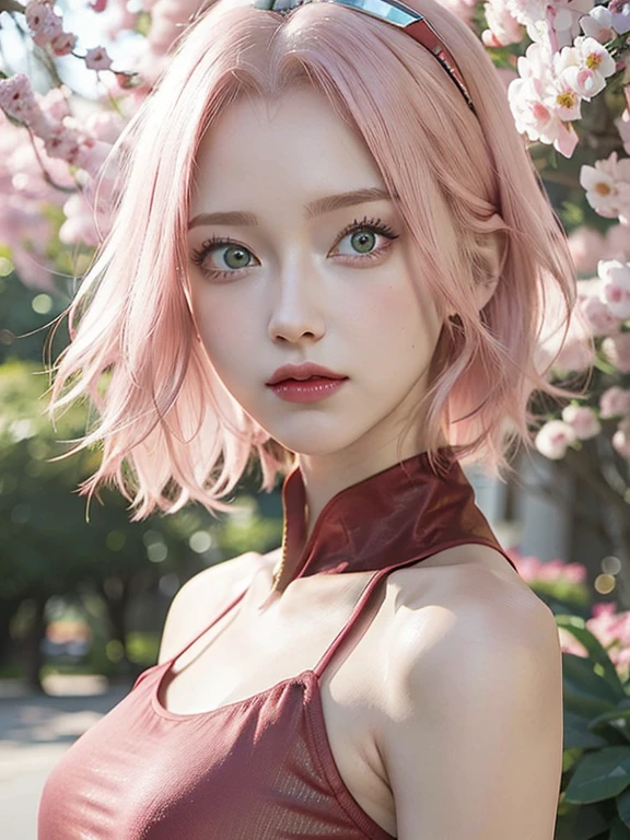young woman, short shoulder-length pink hair, wide forehead, porcelain skin, pink eyebrows, big emerald green eyes, buttoned nose, full lips, heart-shaped face, slender body, small breasts, red tank top, Sakura Haruno , realistic, realism, details, 3d, well detailed
