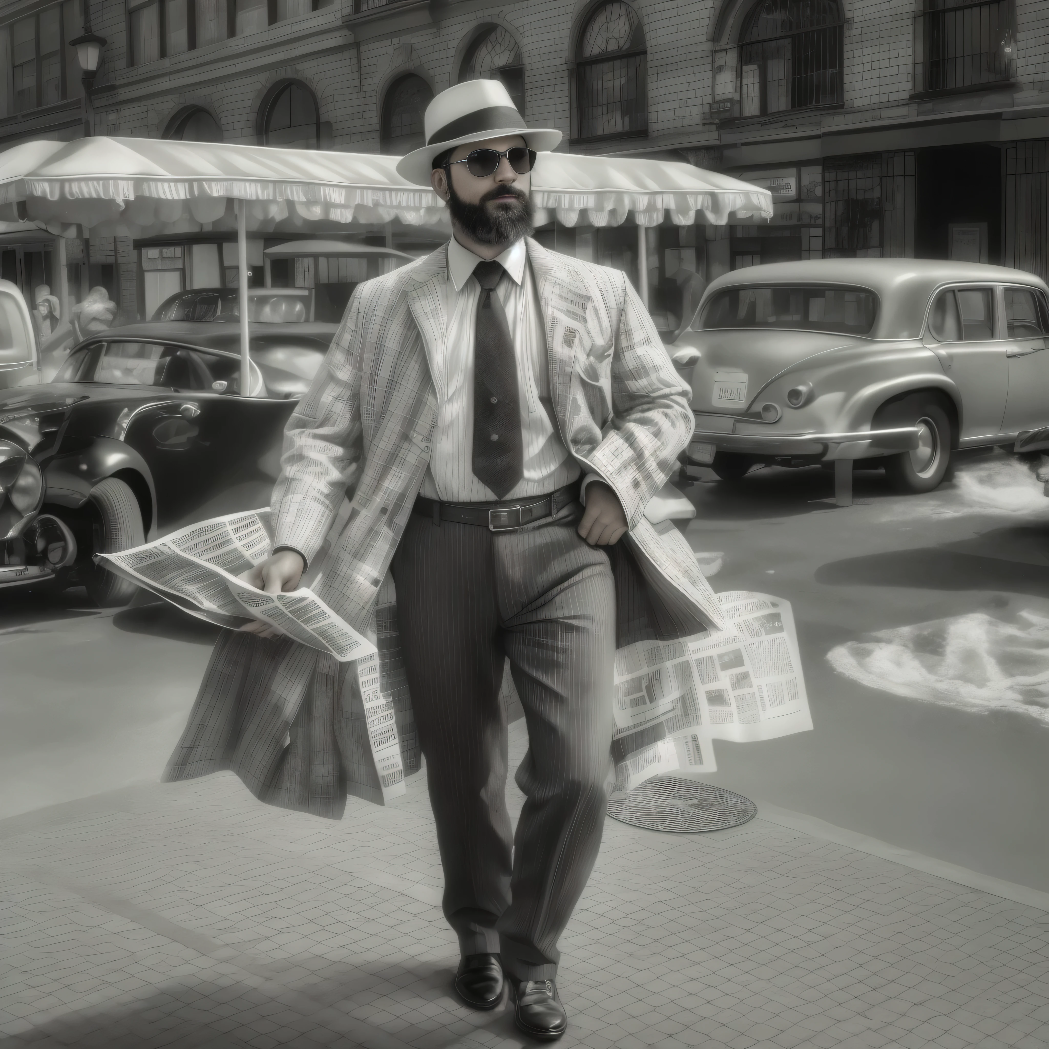 Create an image of a 38-year-old man with a beard and sunglasses. The man is dressed in clothing from the 1920s, incluyendo un traje a rayas oscuro, una camisa blanca, una corbata delgada y un sombrero de ala ancha. The setting is a busy New York street in the 1920s., con edificios altos, old cars and people walking around in clothes from that era. The man is standing next to a newsstand, holding a rolled newspaper in one hand. The image must be in black and white to simulate a photograph of the time, focusing on the upper part of the man&#39;s body in a medium shot.
