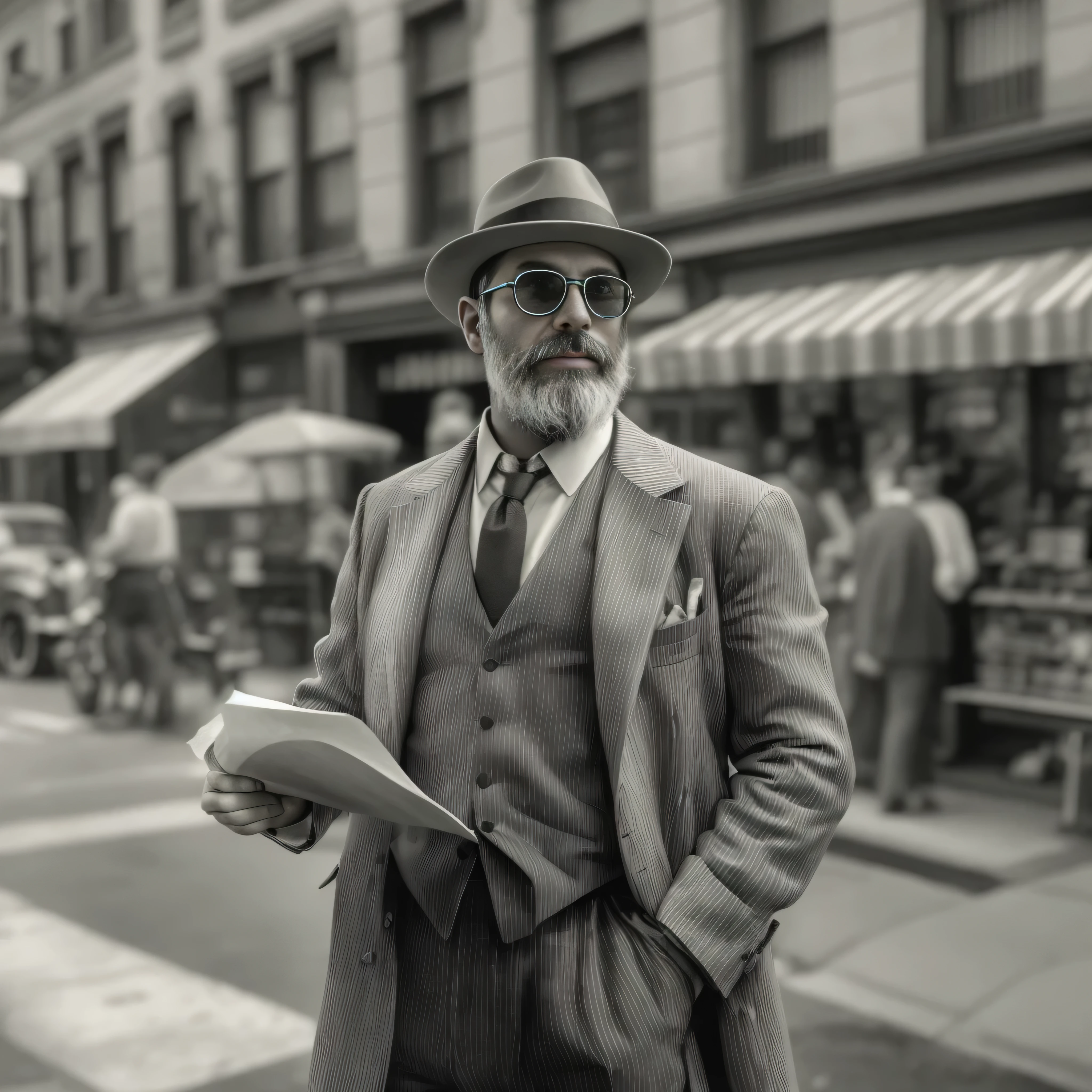 Create an image of a 38-year-old man with a beard and sunglasses. The man is dressed in clothing from the 1920s, incluyendo un traje a rayas oscuro, una camisa blanca, una corbata delgada y un sombrero de ala ancha. The setting is a busy New York street in the 1920s., con edificios altos, old cars and people walking around in clothes from that era. The man is standing next to a newsstand, holding a rolled newspaper in one hand. The image must be in black and white to simulate a photograph of the time, focusing on the upper part of the man&#39;s body in a medium shot.
