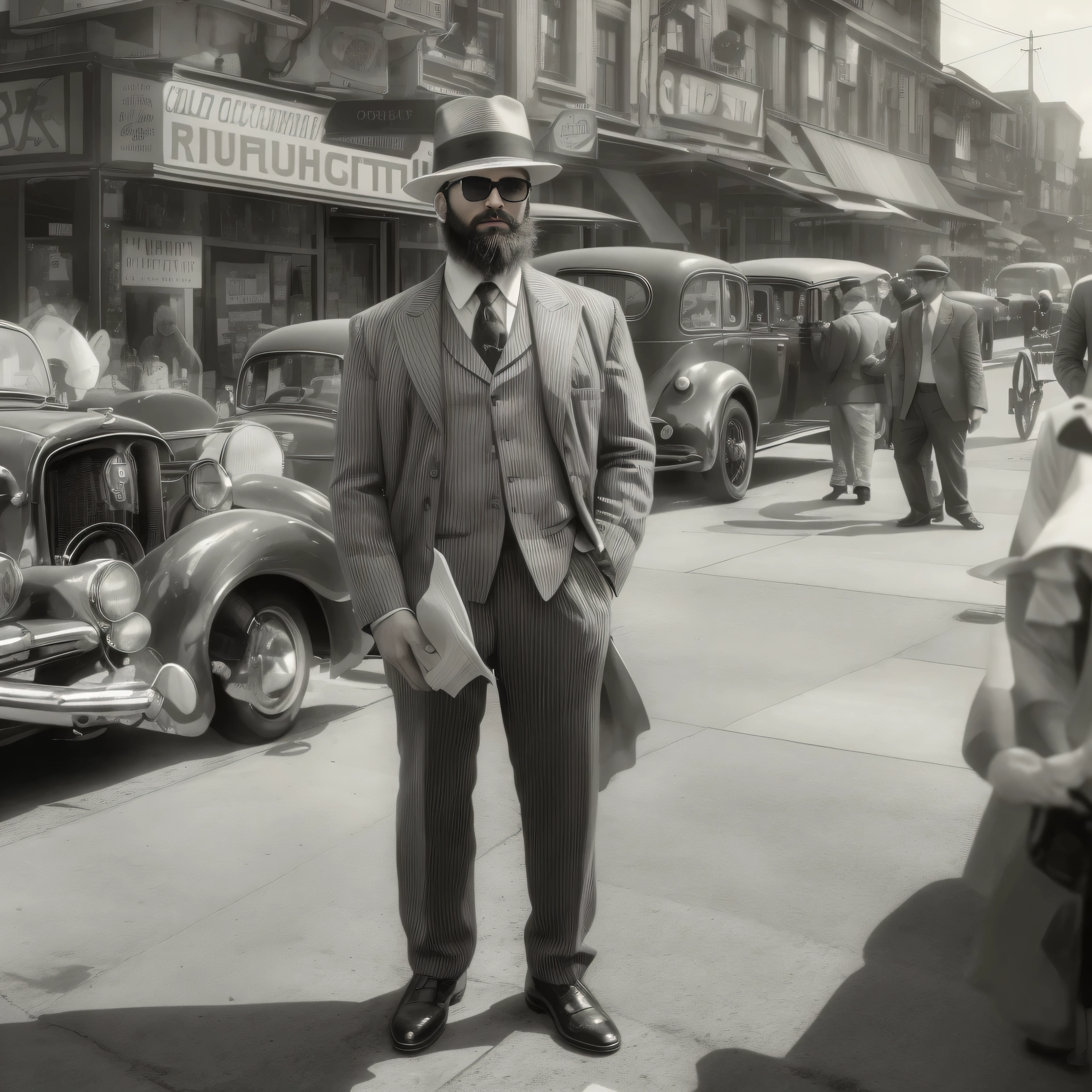 Create an image of a 38-year-old man with a beard and sunglasses. The man is dressed in clothing from the 1920s, incluyendo un traje a rayas oscuro, una camisa blanca, una corbata delgada y un sombrero de ala ancha. The setting is a busy New York street in the 1920s., con edificios altos, old cars and people walking around in clothes from that era. The man is standing next to a newsstand, holding a rolled newspaper in one hand. The image must be in black and white to simulate a photograph of the time, focusing on the upper part of the man&#39;s body in a medium shot.
