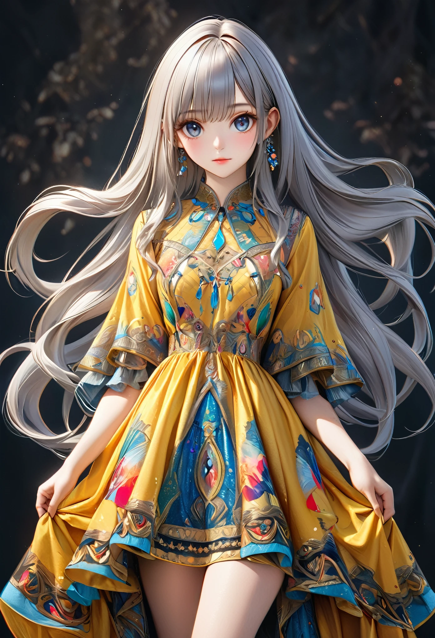 a beautiful girl wearing a dress, detailed portrait with long hair and bangs, following the rule of thirds, detailed jewelry, (best quality,4k,8k,highres,masterpiece:1.2),ultra-detailed,(realistic,photorealistic,photo-realistic:1.37),extremely detailed eyes and face, longeyelashes,highres,detailed,sharp focus,Vivid Color Full Body