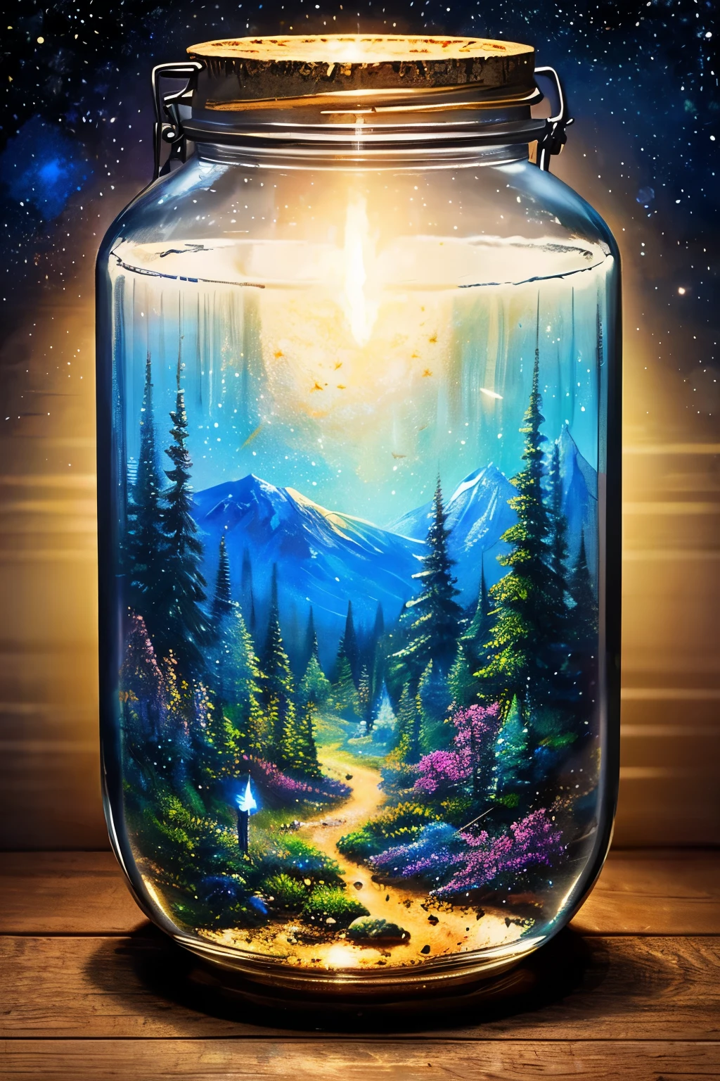 masterpiece、top-quality、(Very delicate and beautiful starry sky landscape trapped in a jar)、world masterpiece theater、high-resolutionisometric、top-quality、illustratio、Impasto、canvas、an oil painting、realism、realisitic
