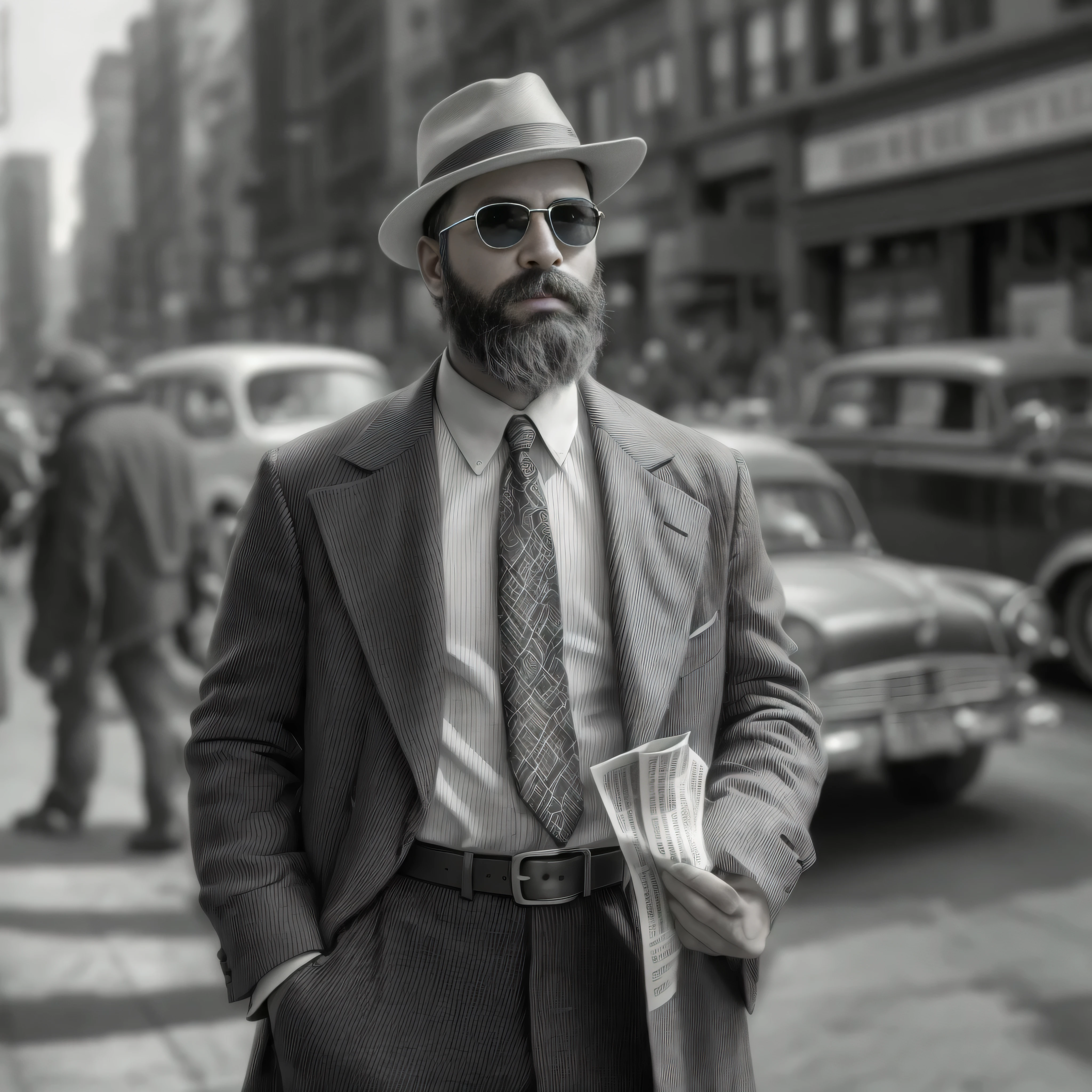 Create an image of a 38-year-old man with a beard and sunglasses. The man is dressed in clothing from the 1920s, incluyendo un traje a rayas oscuro, una camisa blanca, una corbata delgada y un sombrero de ala ancha. The setting is a busy New York street in the 1920s., con edificios altos, old cars and people walking around in clothes from that era. The man is standing next to a newsstand, holding a rolled newspaper in one hand. The image must be in black and white to simulate a photograph of the time, focusing on the upper part of the man&#39;s body in a medium shot.
