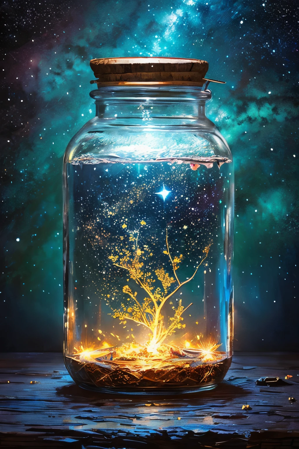 masterpiece、top-quality、(Very delicate and beautiful starry sky landscape trapped in a jar)、world masterpiece theater、high-resolutionisometric、top-quality、illustratio、Impasto、canvas、an oil painting、realism、realisitic