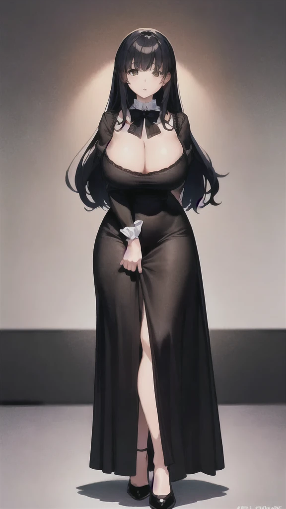 Anime-style woman in a black dress posing in front of a wall, Anime girl in a black dress, , thick, Beautiful and attractive anime woman, [ 4k digital art ]!!, Boob proportions, Enchanting anime girl, She has a plump, round belly, Tear from Overlord, Curvaceous. Detailed Expression