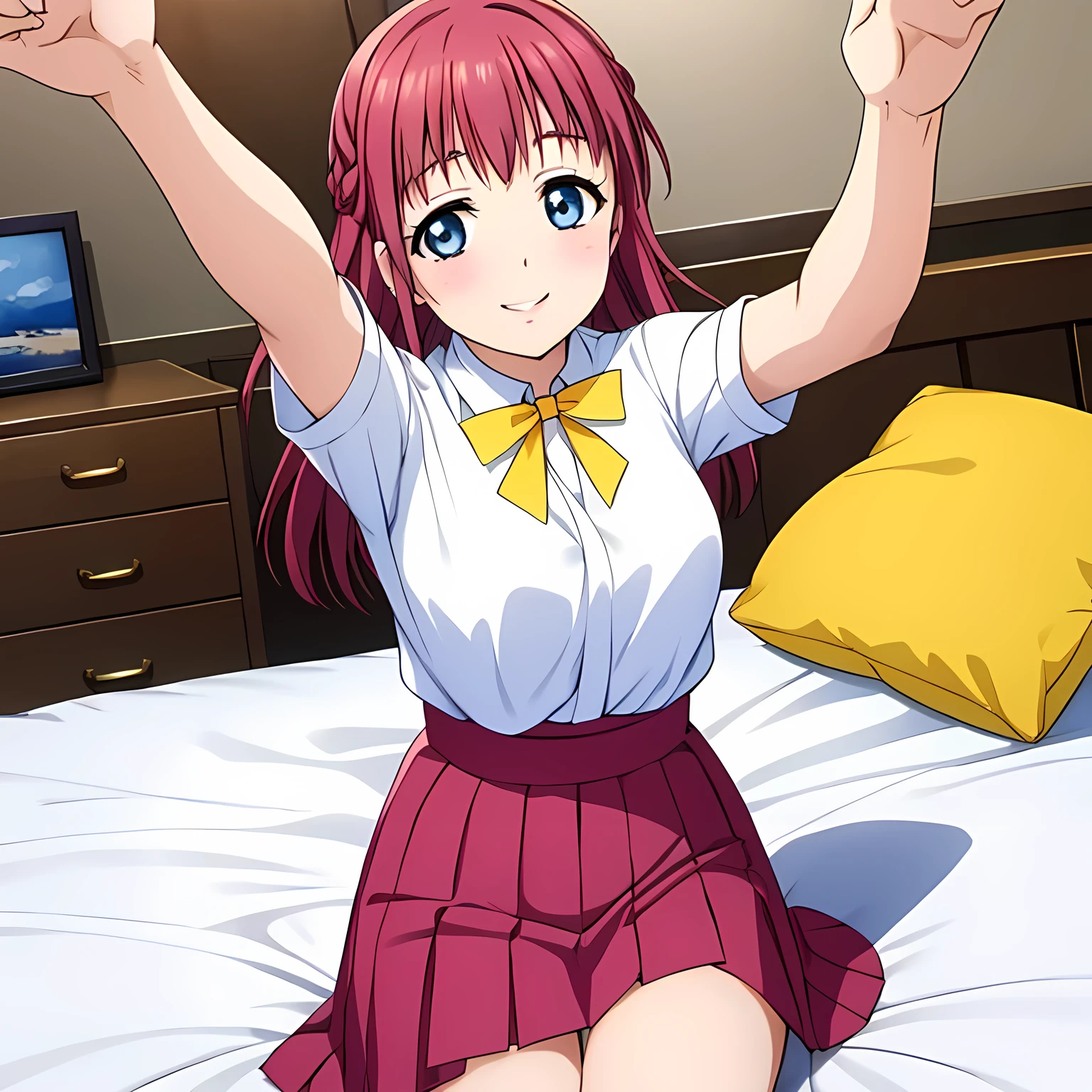 (highest quality, masterpiece:1.2), highest quality, High resolution, 1080p, 8K, CG of the heroine of a beautiful girl game, Height: 158cm, １４A year-old Japanese fashion model is smiling with a cute and elegant smile on her bed, A face as elegant as a princess, Glossy lips, Even bangs, Double, Long eyelashes, Big Blue Eyes, The very large and thick yellow ribbon bowtie is very cute., Beautiful, shiny red long hair, A neat red pleated skirt that reaches down to the knees, Pink sailor suit, A light pink neat blouse, Ribbon in hair, Thick calves, Tight waist, On the bed was a folded navy blue pleated skirt, Approaching the viewer with open arms, Shot from above