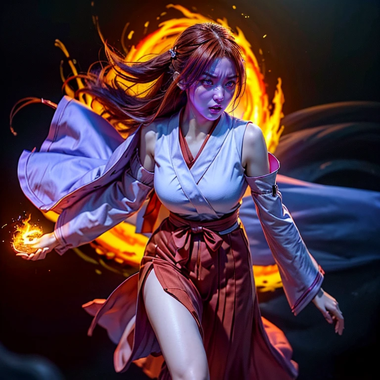 ultra-detailed, Explicit, Beautiful body, Beautiful Nose, Beautiful character design, perfect eyes, perfect face, ultra highres, 4K, beautiful legs, perfect legs, Nice hands, Perfect hand, Masterpiece, Best Quality, Highly detailed, illustration, absurdres, perfect anatomy, (angry face), glowing eyes, looking at viewer, mystic aura, female priestess, full body, goddess-like, mystic trance, perfect female body, (angry stare, japanese clothes, miko, detached sleeves, hakama, hakama skirt, red hakama, ribbon-trimmed sleeves, (serious stare), purple eyes (mystic fire in her eyes), horns, extending the right arm from the shoulder into the air with a straightened hand, 1girl, hair ornaments, orange redhair, long hair, purple eyes, red fire pupils, (((pixel-perfect, detail-perfect))), solo, 1girl, Hanyuu, higurashi when they cry, umineko when they cry, medium sized natural , furious face, extremely angry facial expression, eye with flames surrounding it, fantasy art, angel eyes, amazing detail digital art, stunning digital art, amazing digital art, detailed fantasy digital art