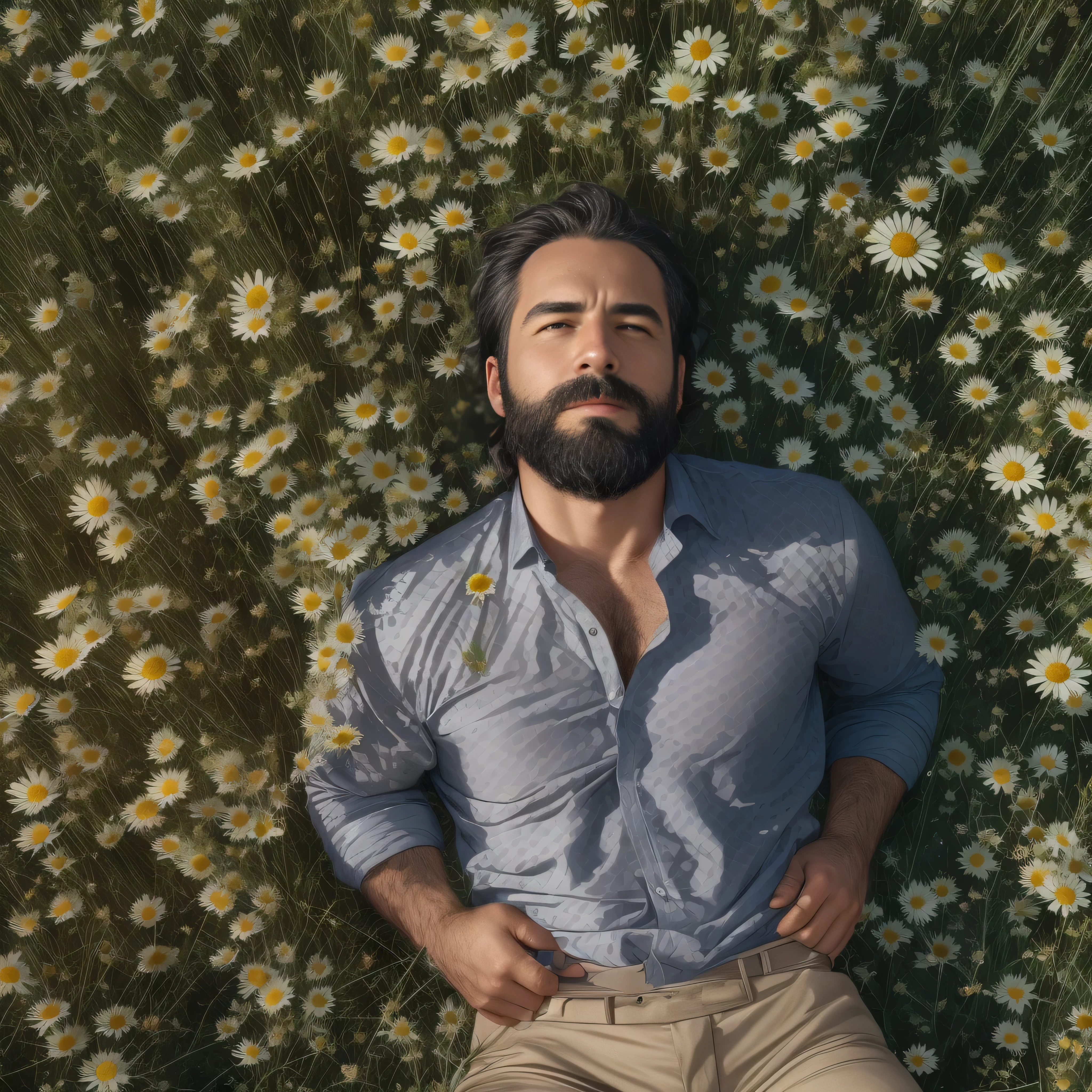 Create a high-quality image of a 38-year-old man with a beard, lying down, with the camera angle from above, focusing on the upper body in a medium shot. The scene should resemble a dramatic movie scene.

Details:

Physical Characteristics:

Age: 38 years old
Beard: Full, well-groomed beard, dark brown
Skin: Light tan with visible texture and a few freckles
Clothing:

Wearing: Dark-colored pants (e.g., black or navy blue)
Chest: Exposed, showing a well-defined but natural physique
Setting:

Place: Lying on a lush, green field of flowers with a mix of colorful blooms (e.g., daisies, poppies, and wildflowers)
Environment: It's a sunny day with a clear blue sky, a gentle breeze, and sunlight casting soft, natural shadows
Atmosphere: The scene should evoke a serene, contemplative mood with a cinematic feel
Ensure the image captures the high-quality texture of the man's skin and the intricate details of the flowers in the field.