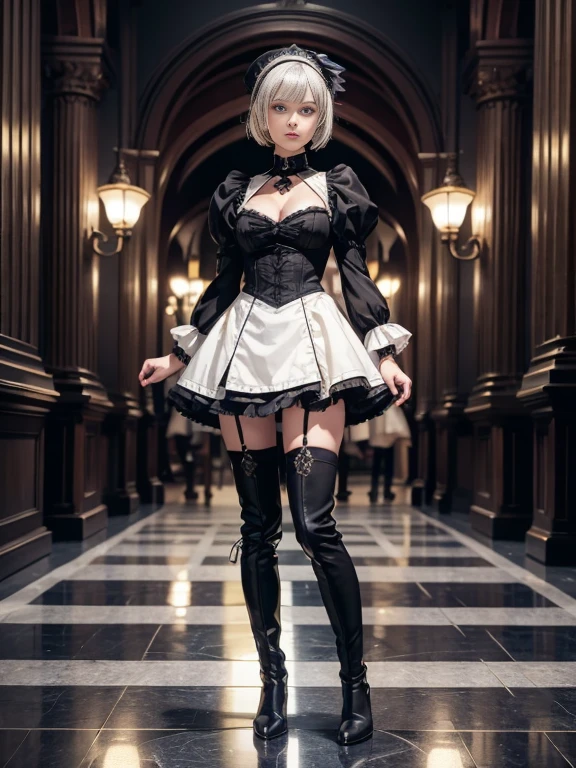 8K,最高masterpiece,One woman,Smile,30 years old,blue eyes,White Hair,Short Bob Hair,(Gothic Lolita),Dutch beauty,Ella Freya(Ella Freya),2b, One girl, alone, short hair, Knee socks, gloves, Long sleeve, dress, Holding,Slender figure, Cleavage, Small breasts, Are standing, whole body, arms, Gray Hair, hair band, boots, Puffy sleeves, sword, black Knee socks, Black footwear, Holding arms, Mole, black dress, High heels, leotard, Clothing cutouts, thigh boots, Holding sword, Cleavage cutout, knife, black hair band, Juliet Sleeve, Mole under mouth, In-person audience, high heel boots, Feather ornament sleeves, masterpiece,