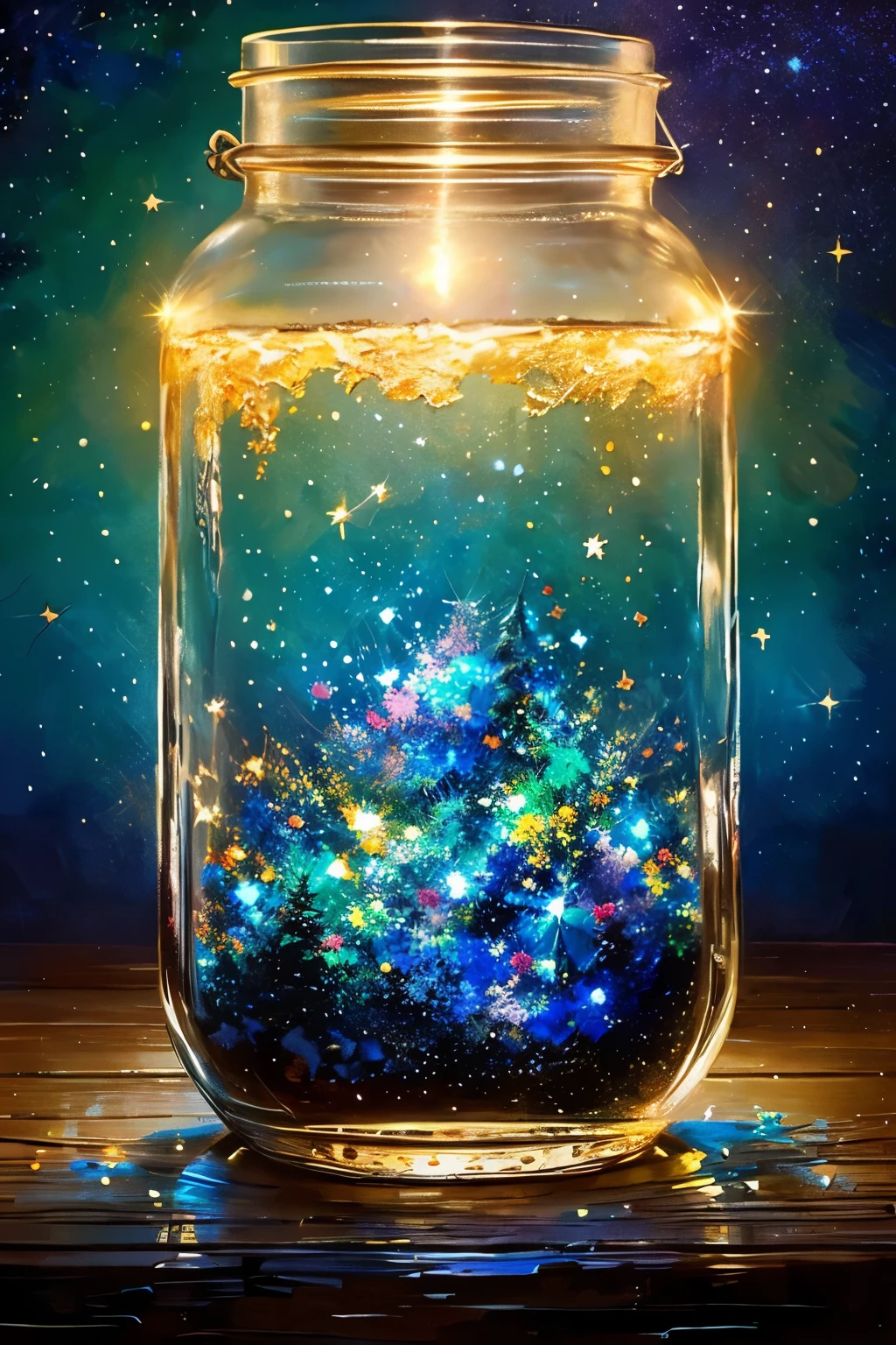 ​masterpiece、top-quality、（Very delicate and beautiful starry sky landscape trapped in a jar）、world masterpiece theater、high-resolutionisometric、top-quality、illustratio、Impasto、canvas、an oil painting、realism、realisitic