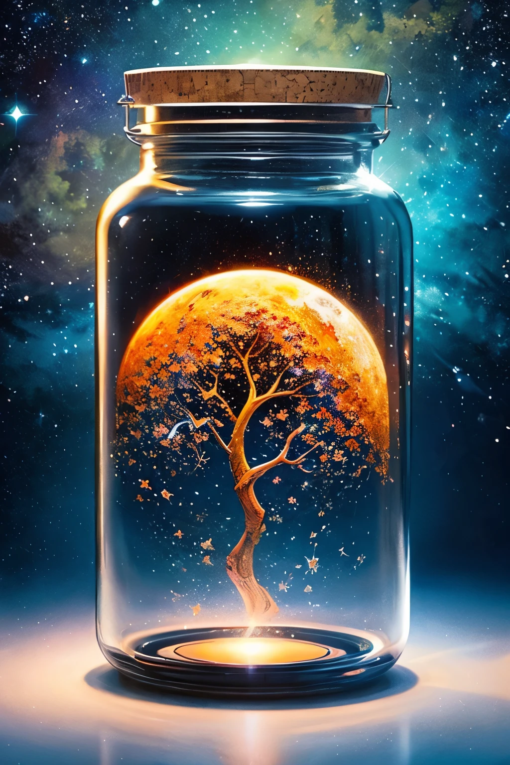 ​masterpiece、top-quality、（Very delicate and beautiful starry sky landscape trapped in a jar）、world masterpiece theater、high-resolutionisometric、top-quality、illustratio、Impasto、canvas、an oil painting、realism、realisitic