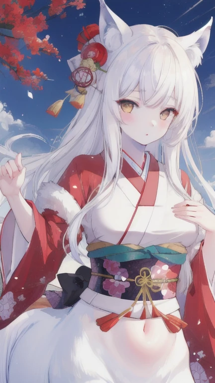 (best quality, masterpiece), 1 girl, centaur, It takes,White skin, Japanese , kimono, belly button t-shirt, 아름다운 소녀 perfect wolf photo, perfect wolf photo