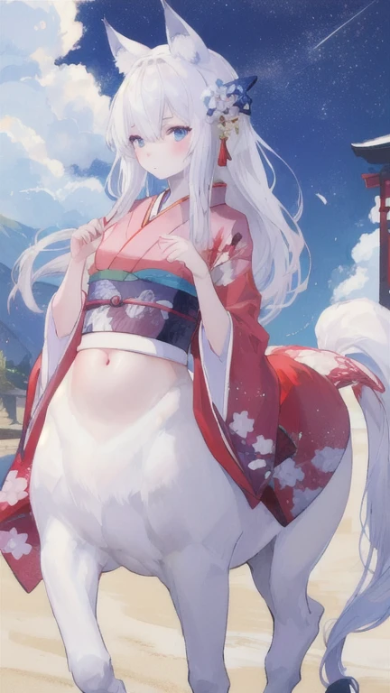 (best quality, masterpiece), 1 girl, centaur, It takes,White skin, Japanese , kimono, belly button t-shirt, 아름다운 소녀 perfect wolf photo, perfect wolf photo