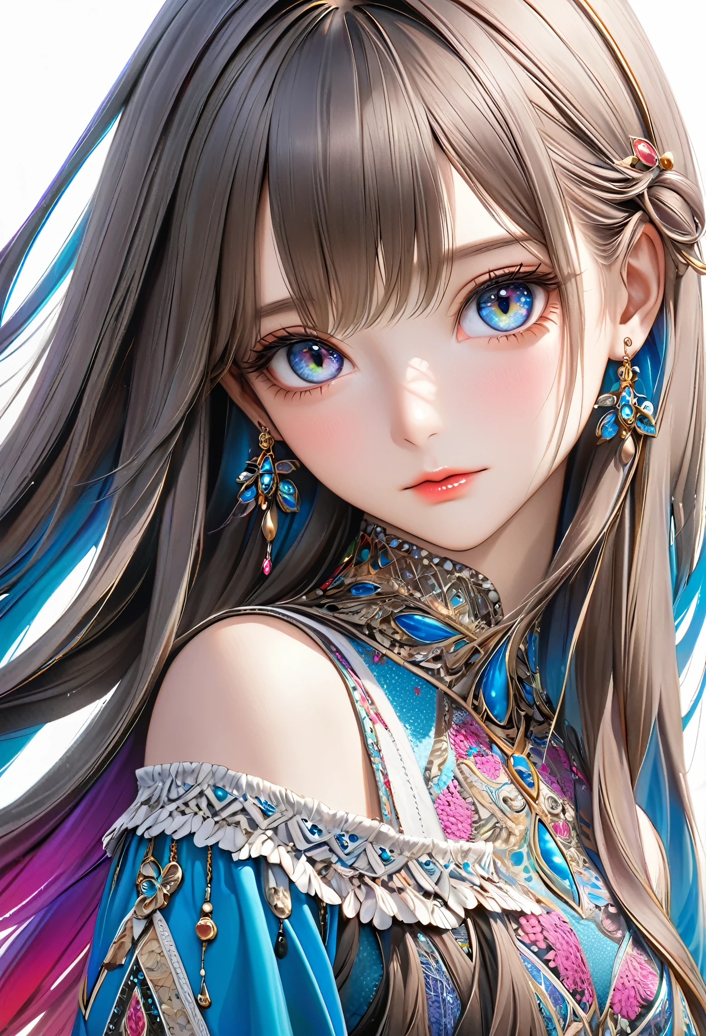 a beautiful girl wearing a dress, detailed portrait with long hair and bangs, following the rule of thirds, detailed jewelry, (best quality,4k,8k,highres,masterpiece:1.2),ultra-detailed,(realistic,photorealistic,photo-realistic:1.37),extremely detailed eyes and face, longeyelashes,highres,detailed,sharp focus,Vivid Color Full Body