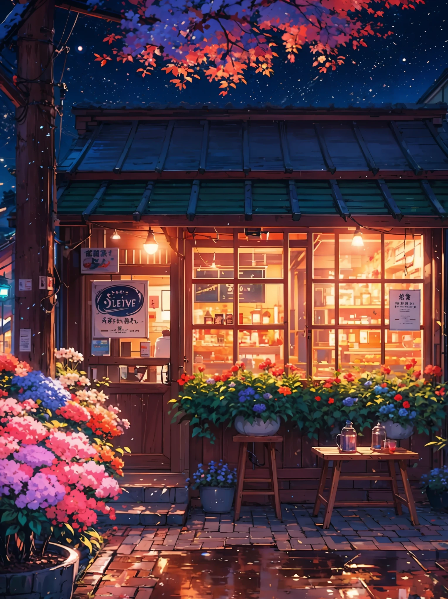 a solo store that is lit up at night, night sky, street, colorful flowers, cozy cafe background, cozy atmosphere, nightime village background, cozy home background, lofi vibe, pleasant cozy atmosphere, in a japanese town at night, ghibli vibe, lofi aesthetic, warm atmosphere, lofi vibes, alena aenami and artgerm, cozy place, anime wallaper, anime scenery, 32 K, HDR, Ultra HD