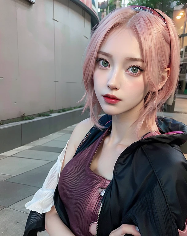 young woman, short shoulder-length pink hair, wide forehead, porcelain skin, pink eyebrows, big emerald green eyes, buttoned nose, full lips, heart-shaped face, slender body, small breasts, red tank top, Sakura Haruno , realistic, realism, details, 3d, well detailed
