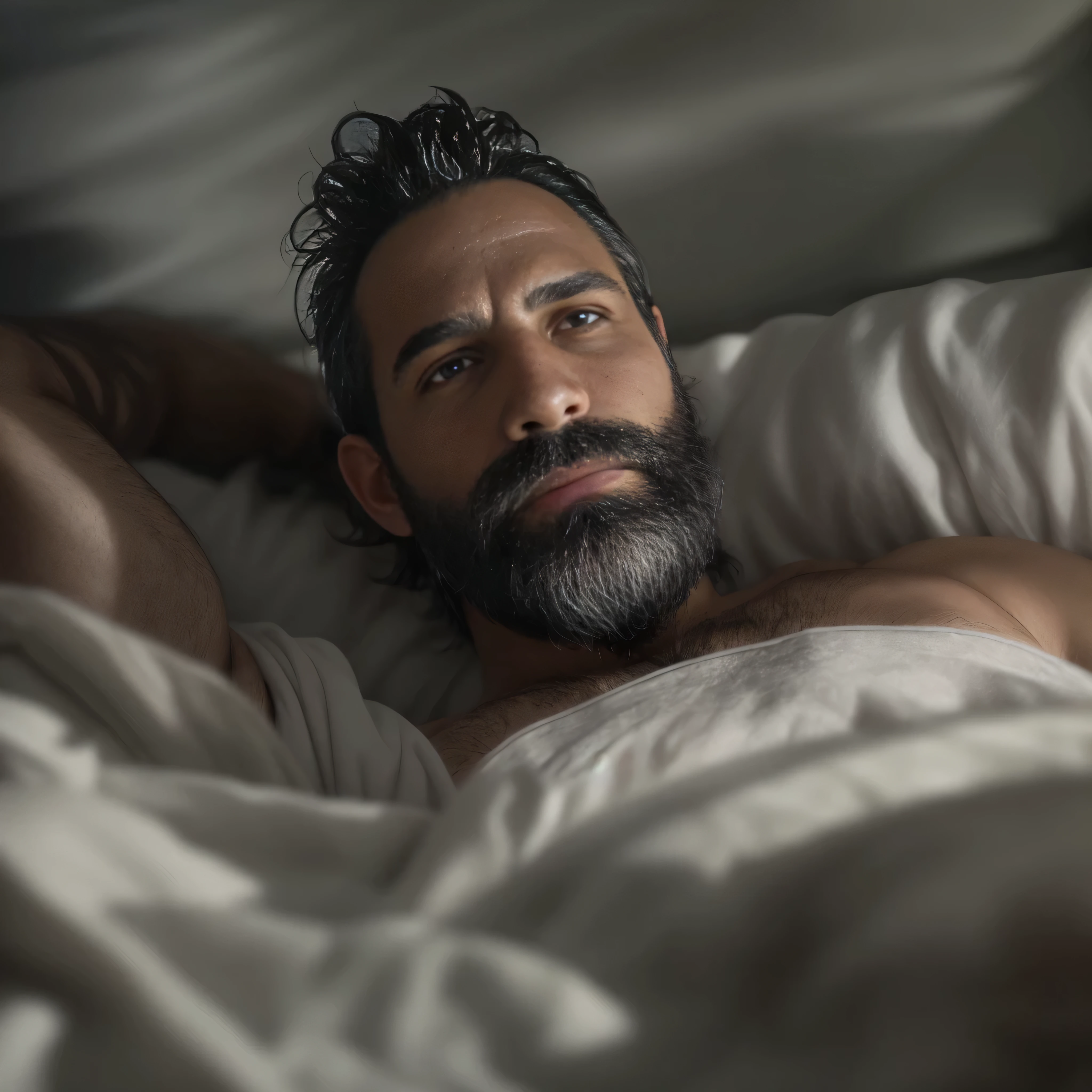 Create a high-quality image of a 38-year-old man with a beard, lying down, with the camera angle from above, focusing on the upper body in a medium shot. The scene should resemble a dramatic movie scene.

Details:

Physical Characteristics:

Age: 38 years old
Beard: Full, well-groomed beard, dark brown
Skin: Light tan with visible texture and a few freckles
Clothing:

Wearing: Dark-colored pants (e.g., black or navy blue)
Chest: Exposed, showing a well-defined but natural physique
Setting:

Place: Lying on a bed with white, rumpled sheets and a dark wooden headboard
Environment: Soft, warm lighting from a bedside lamp casting gentle shadows
Atmosphere: The scene should evoke a serene, intimate mood with a cinematic feel
Ensure the image captures the high-quality texture of the man's skin and the intricate details of the setting, including the texture of the bed sheets and the warm lighting.