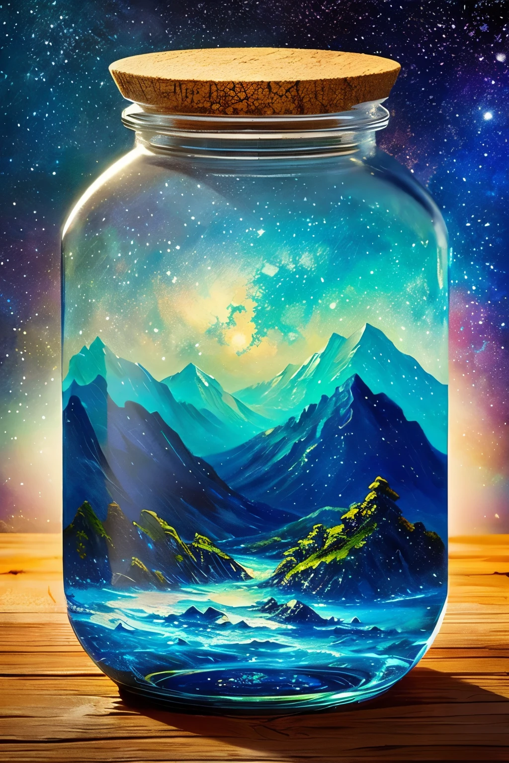 masterpiece、top-quality、(Very delicate and beautiful starry sky landscape trapped in a jar)、world masterpiece theater、high-resolutionisometric、top-quality、illustratio、Impasto、canvas、an oil painting、realism、realisitic