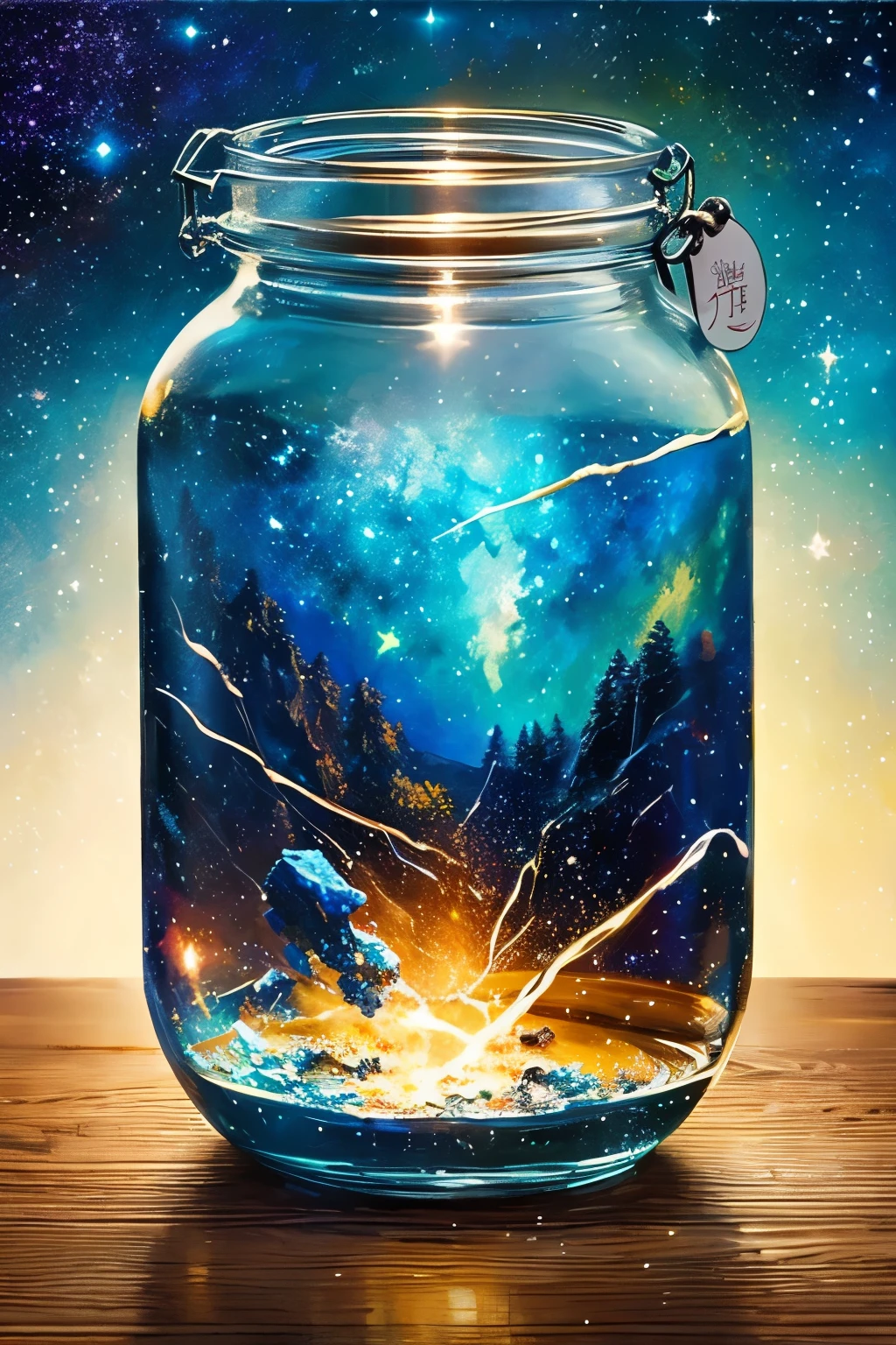 masterpiece、top-quality、(Very delicate and beautiful starry sky landscape trapped in a jar)、world masterpiece theater、high-resolutionisometric、top-quality、illustratio、Impasto、canvas、an oil painting、realism、realisitic