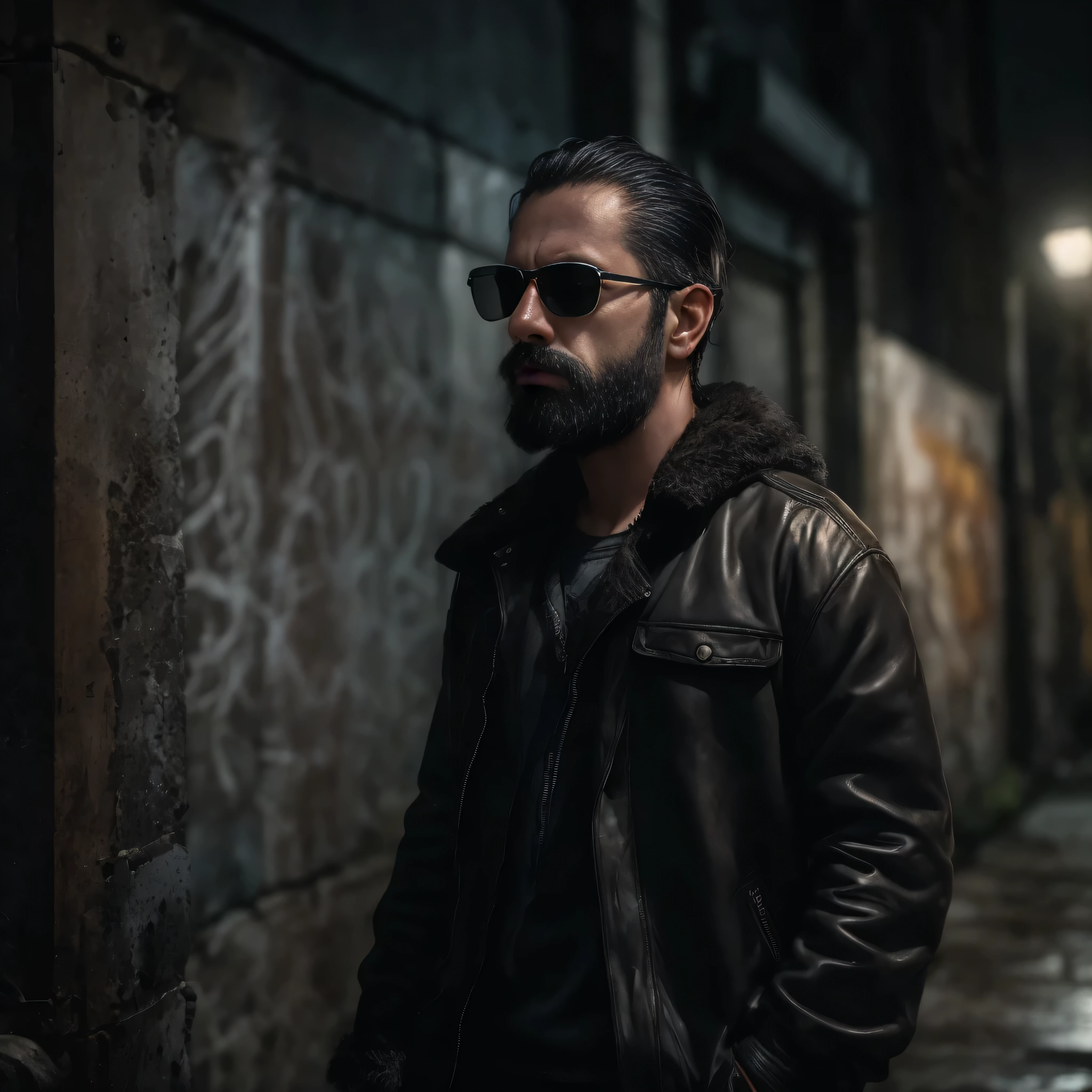 {
  "prompt": "A scene from a movie featuring a 38-year-old man as the protagonist. He has a rugged beard and is wearing stylish sunglasses. The scene is a dramatic, intense moment set in a gritty urban environment at dusk. The man is dressed in a leather jacket and stands in an alleyway with graffiti-covered walls. His expression is determined, and he is holding a smartphone, looking at it intently. The alleyway is dimly lit by a flickering streetlight, casting shadows that add to the suspenseful atmosphere. The focus is on the upper part of his body in a medium shot, capturing the character's intensity and the detailed background of the urban setting."
}
