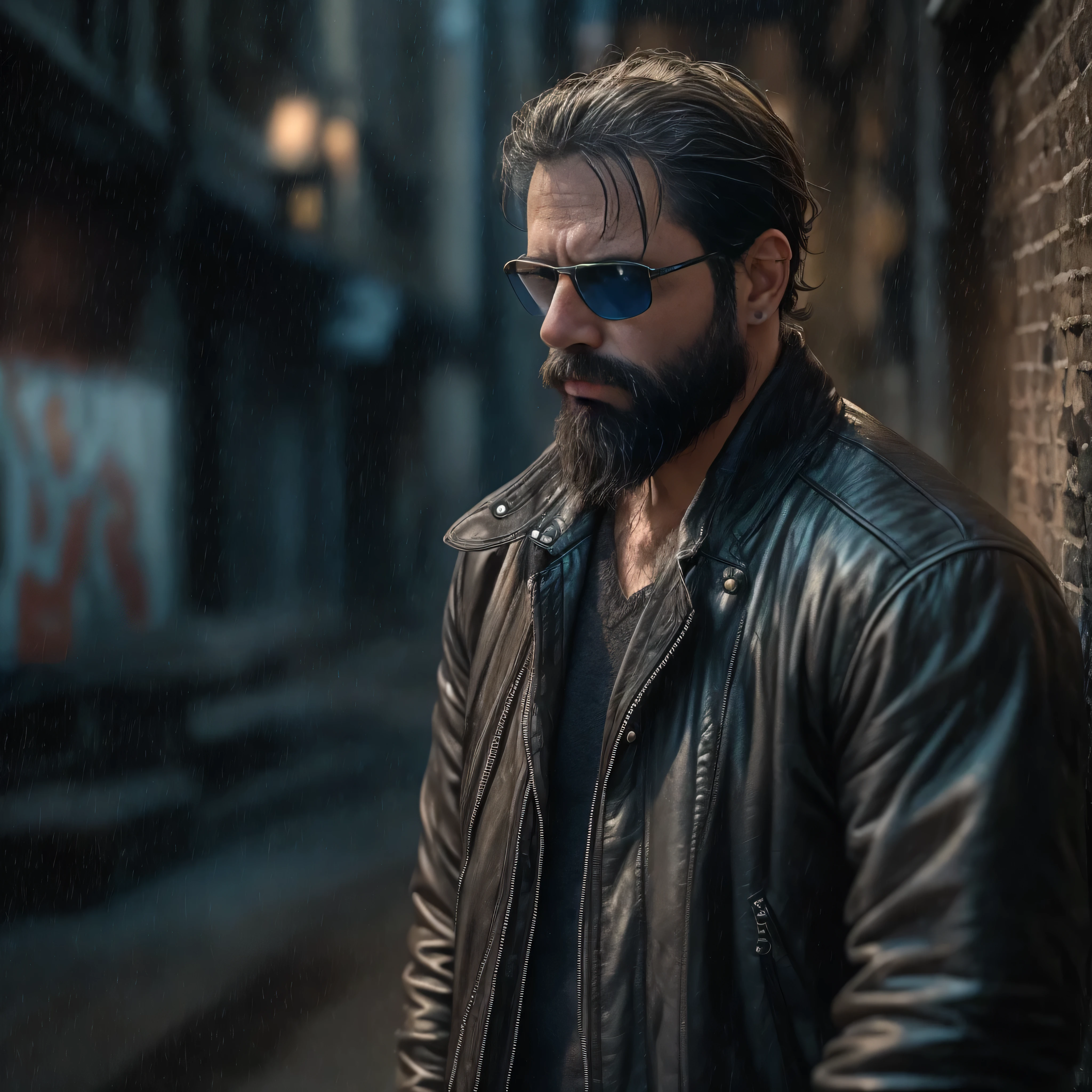 {
  "prompt": "A scene from a movie featuring a 38-year-old man as the protagonist. He has a rugged beard and is wearing stylish sunglasses. The scene is a dramatic, intense moment set in a gritty urban environment at dusk. The man is dressed in a leather jacket and stands in an alleyway with graffiti-covered walls. His expression is determined, and he is holding a smartphone, looking at it intently. The alleyway is dimly lit by a flickering streetlight, casting shadows that add to the suspenseful atmosphere. The focus is on the upper part of his body in a medium shot, capturing the character's intensity and the detailed background of the urban setting."
}
