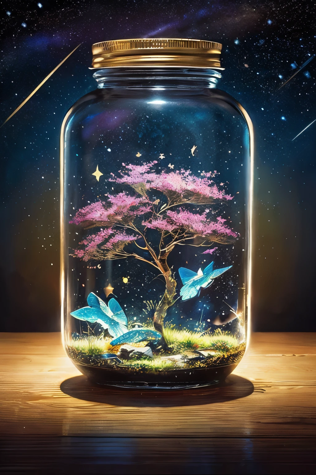 ​masterpiece、top-quality、（Very delicate and beautiful starry sky landscape trapped in a jar）、world masterpiece theater、high-resolutionisometric、top-quality、illustratio、Impasto、canvas、an oil painting、realism、realisitic