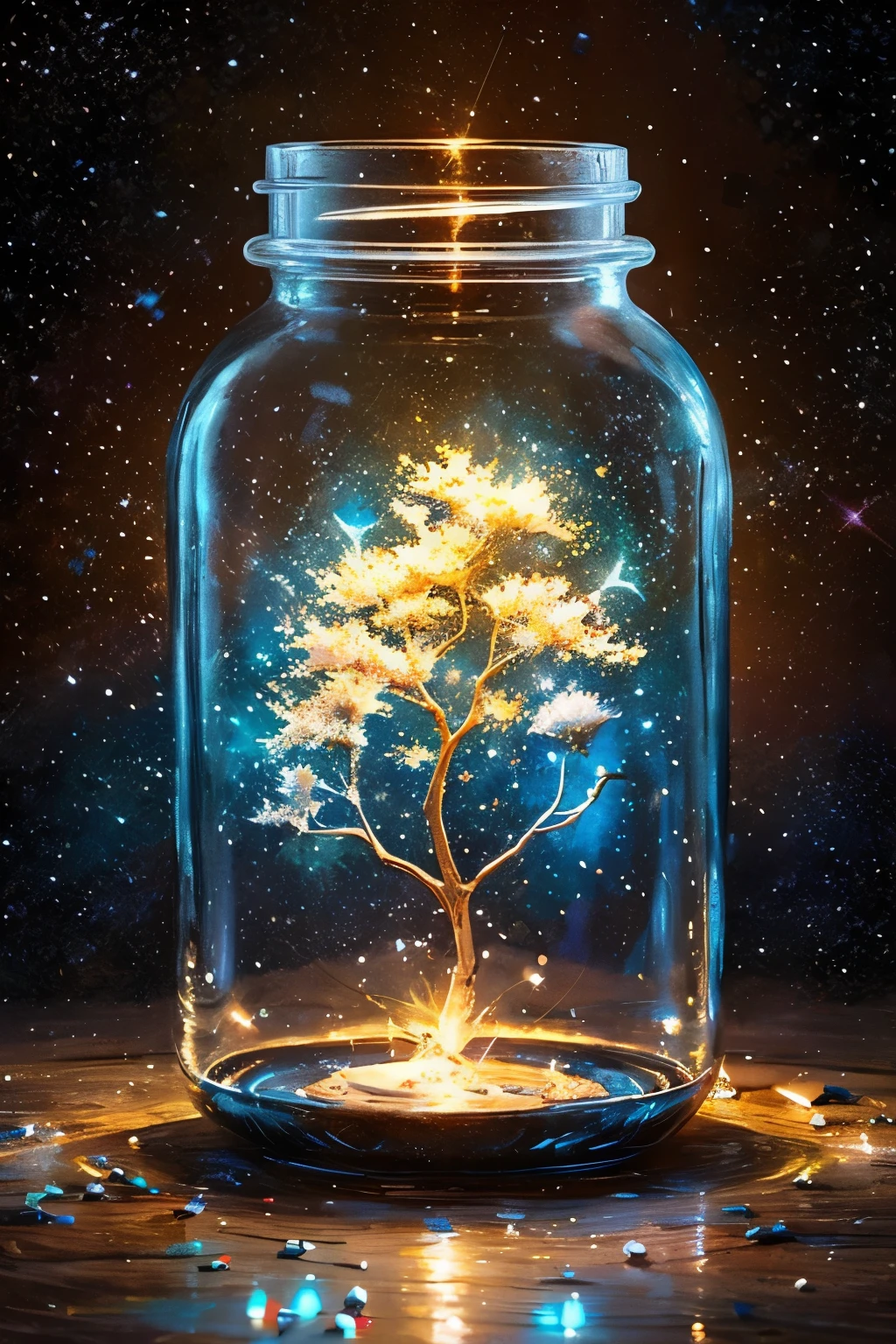masterpiece、top-quality、(Very delicate and beautiful starry sky landscape trapped in a jar)、world masterpiece theater、high-resolutionisometric、top-quality、illustratio、Impasto、canvas、an oil painting、realism、realisitic