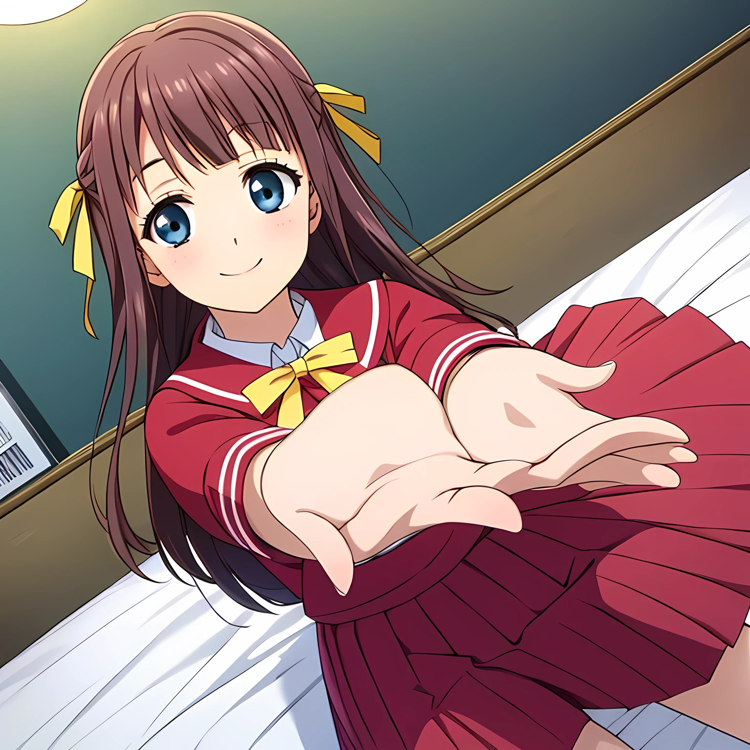 (highest quality, masterpiece:1.2), highest quality, High resolution, 1080p, 8K, CG of the heroine of a beautiful girl game, Height: 158cm, １４A -old anese fashion model is smiling with a cute and elegant smile on her bed, A face as elegant as a princess, Glossy lips, Even bangs, Double, Long eyelashes, Big Blue Eyes, The very large and thick yellow ribbon bowtie is very cute., Beautiful, shiny red long hair, A neat red pleated skirt that reaches down to the knees, ((A pink sailor suit with a red collar)), Ribbon in hair, Thick calves, Tight waist, On the bed was a folded navy blue pleated skirt, Approaching the viewer with open arms, Shot from above