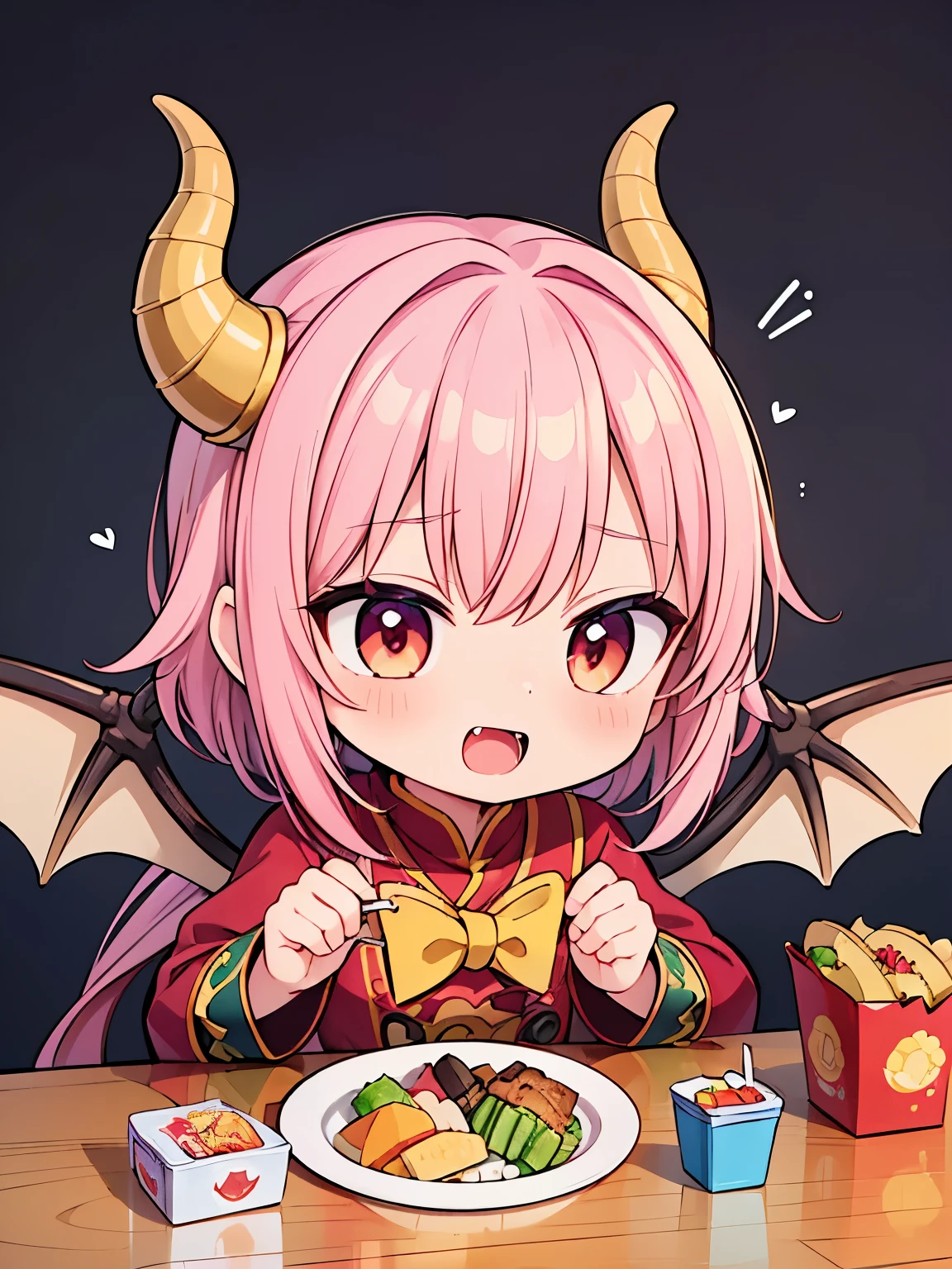 (((masterpiece))), (((best quality))), ((ultra-detailed)), anime style, Little dragon girl, dragon horn, dragon little wings, fangs, joy, ((???’s meal,???’s lunch,children’s meal)),