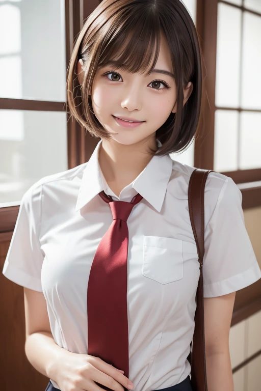 High resolution,RAW Photos,Realistic,Very delicate and beautiful,Very detailed,In detail,Very detailed CG unity 8k wallpaper,Super detailed,(highest quality, 8k, 32k, masterpiece, 超High resolution:1.2), beautiful Japanese girl in JK Uniform,Very beautiful face,Long, narrow eyes,expensive,slim,Small breasts,JK Uniform,White short sleeve shirt,Thin red tie,Upper teeth,A kind smile,Walking through the school corridors,Young Sensual Gravure Idol,Young and skinny gravure idol,A young and cute gravure idol,Young Gravure Idol,realistic Young Gravure Idol,Japanese Model,A sophisticated gravure idol,short hair,bangs、