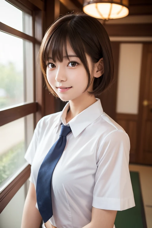 High resolution,RAW Photos,Realistic,Very delicate and beautiful,Very detailed,In detail,Very detailed CG unity 8k wallpaper,Super detailed,(highest quality, 8k, 32k, masterpiece, 超High resolution:1.2), beautiful Japanese girl in JK Uniform,Very beautiful face,Long, narrow eyes,expensive,slim,Small breasts,JK Uniform,White short sleeve shirt,Thin red tie,Upper teeth,A kind smile,Walking through the school corridors,Young Sensual Gravure Idol,Young and skinny gravure idol,A young and cute gravure idol,Young Gravure Idol,realistic Young Gravure Idol,Japanese Model,A sophisticated gravure idol,short hair,bangs、