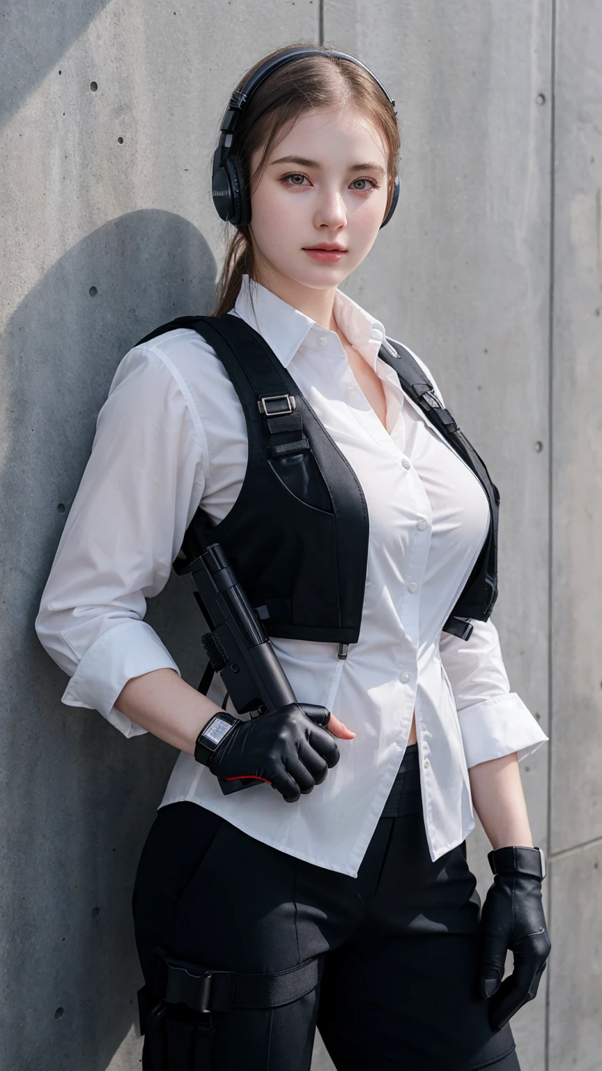 ((best quality)), photorealistic, photorealism, Photorealistic, high resolution, 1girl aiming with an assault rifle, Beautiful, , 20 Years Old, White Skin, pale skin, Large Breasts, huge breast, Combat pose, looking at the camera, (Detailed face), short hair, sexy body, (wearing business suit, shirt, formal suit, tactical vests, military harness, black gloves, high-tech headset), revealed thigh, Gun, Fingers are occluded, concrete wall background,