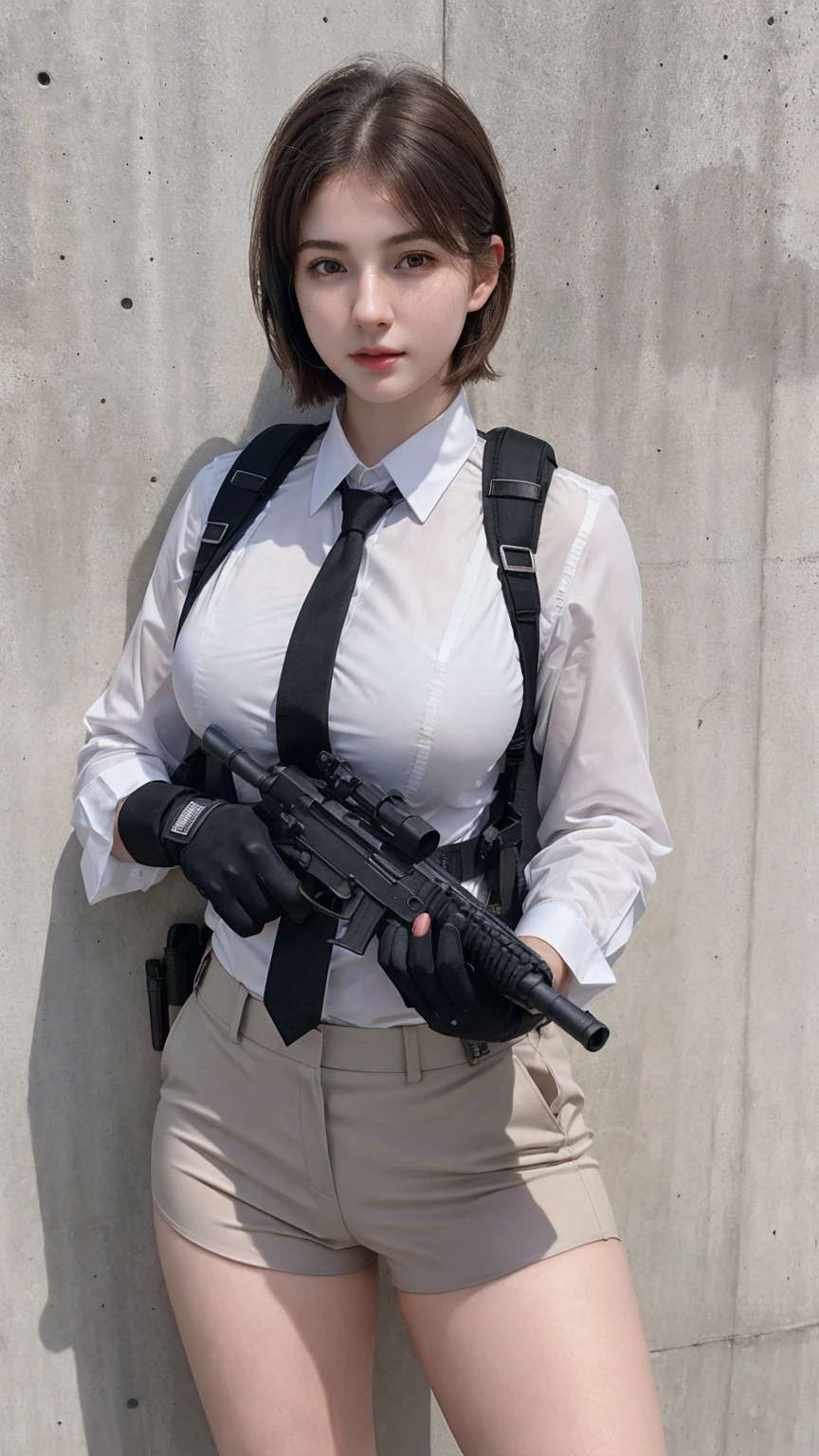 ((best quality)), photorealistic, photorealism, Photorealistic, high resolution, 1girl aiming with an assault rifle, Beautiful, Baby Face, 20 Years Old, White Skin, pale skin, , , Combat pose, looking at the camera, (Detailed face), short hair,  body, (wearing business suit, shirt, formal suit, tactical vests, military harness, black gloves, high-tech headset), revealed thigh, Gun, Fingers are occluded, concrete wall background,