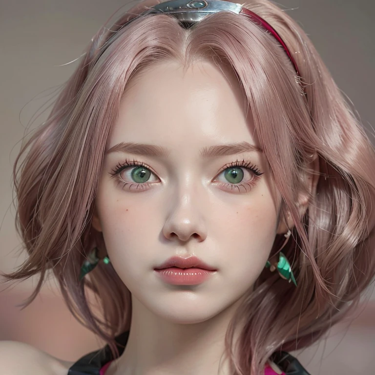 young woman, short shoulder-length pink hair, wide forehead, porcelain skin, pink eyebrows, big emerald green eyes, buttoned nose, full lips, heart-shaped face, slender body, small breasts, red tank top, Sakura Haruno , realistic, realism, details, 3d, well detailed