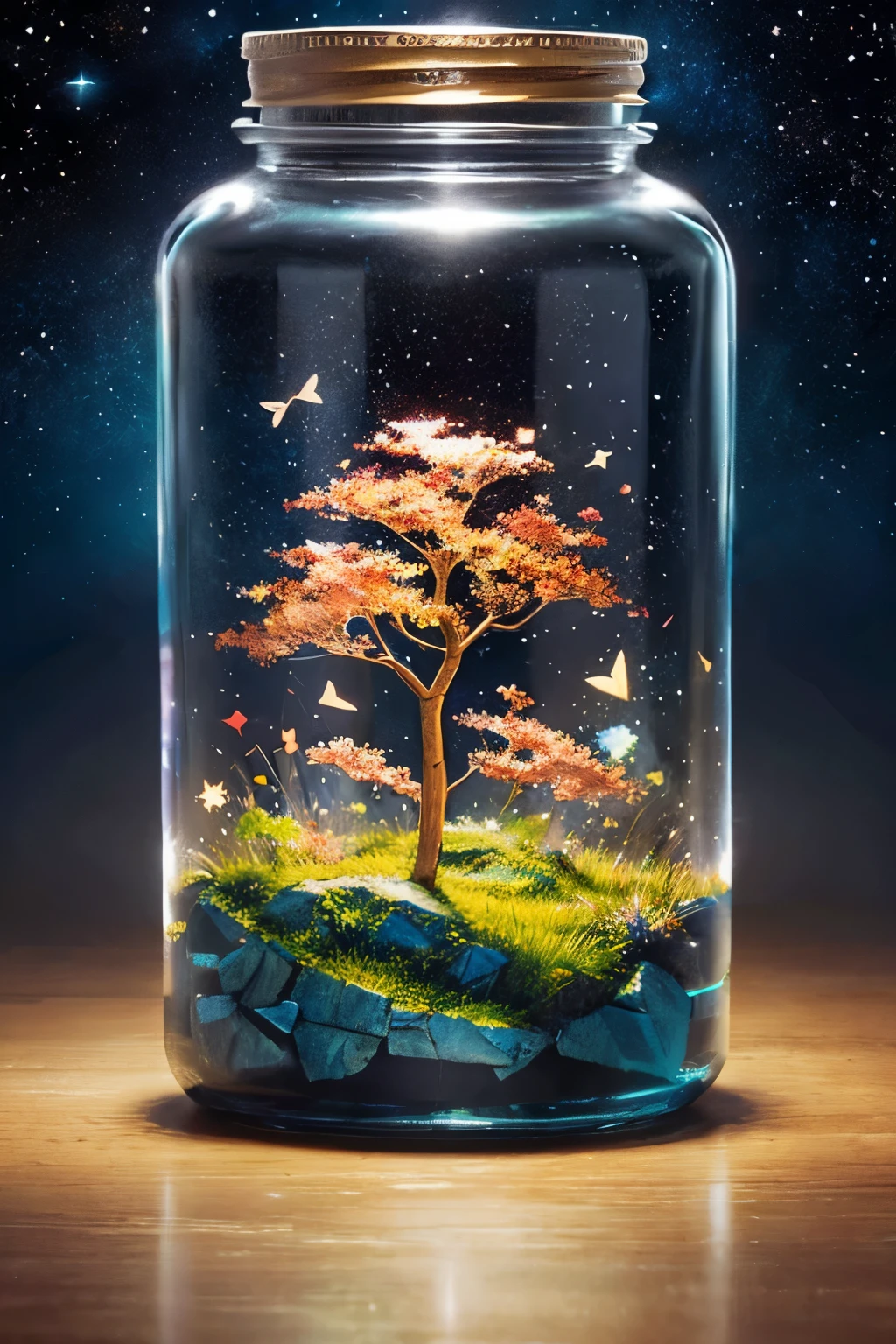 masterpiece、top-quality、(Very delicate and beautiful starry sky landscape trapped in a jar)、world masterpiece theater、high-resolutionisometric、top-quality、illustratio、Impasto、canvas、an oil painting、realism、realisitic