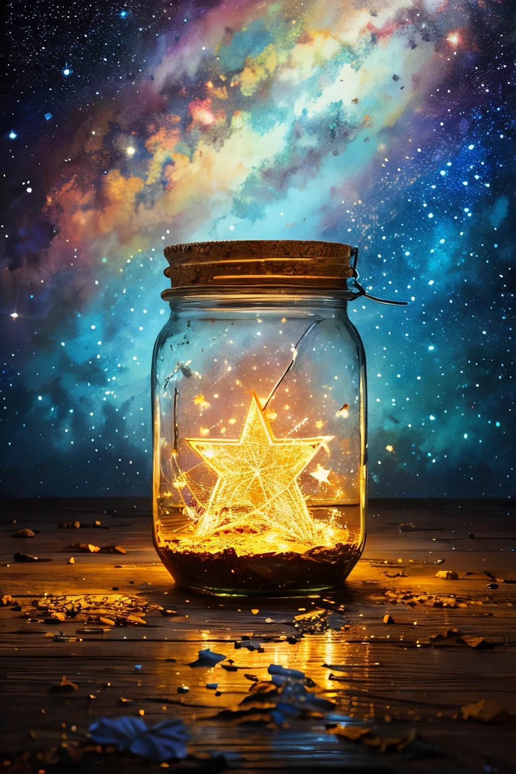 masterpiece、top-quality、(Very delicate and beautiful starry sky landscape trapped in a jar)、world masterpiece theater、high-resolutionisometric、top-quality、illustratio、Impasto、canvas、an oil painting、realism、realisitic
