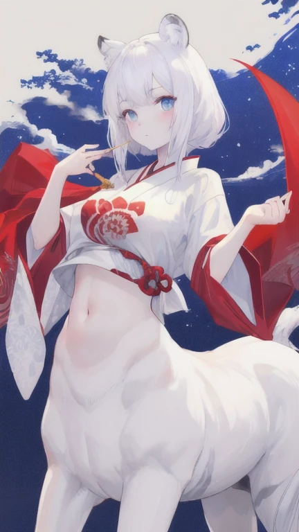 (best quality, masterpiece), 1 girl, centaur, It takes,White skin, Japanese age , belly button t-shirt, beautiful girl perfect white tiger photo, perfect white tiger photo