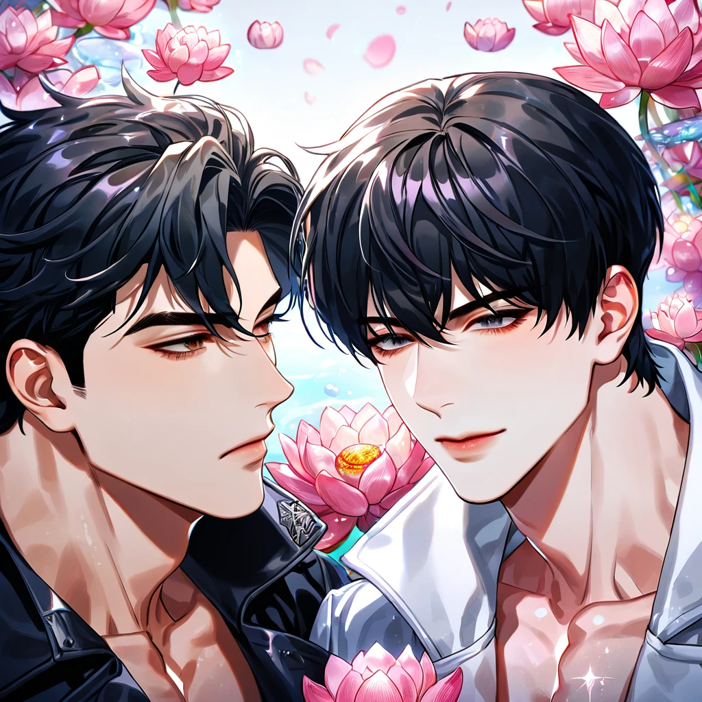 absurdres, highres, ultra detailed, HDR) master piece, best quality, Kim Dokja, black straight hair, with bangs, short hair, expressive brown eyes, white coat, omniscient reader's viewpoint, Yoo Joonghyuk, black hair, expressive gray eyes, black coat, two sexy men together, yaoi, gay couple, handsome, toned chest, magical fantasy, pink butterflies, glittering, sparkling, pink lotus, petals, radiant, water