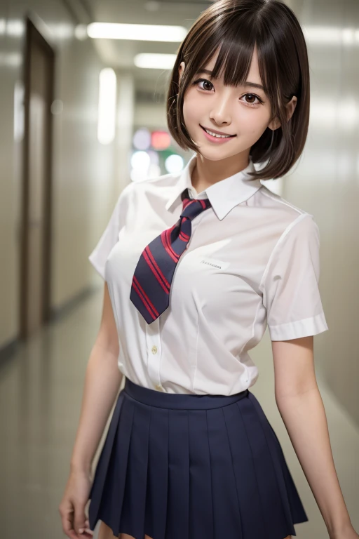 High resolution,RAW Photos,Realistic,Very delicate and beautiful,Very detailed,In detail,Very detailed CG unity 8k wallpaper,Super detailed,(highest quality, 8k, 32k, masterpiece, 超High resolution:1.2),17 year old beautiful Japanese girl in JK Uniform,Very beautiful face,Long, narrow eyes,expensive,slim,Small breasts,JK Uniform,White short sleeve shirt,Thin red tie,Upper teeth,A kind smile,Walking through the school corridors,Young Sensual Gravure Idol,Young and skinny gravure idol,A young and cute gravure idol,Young Gravure Idol,realistic Young Gravure Idol,Japanese Model,A sophisticated gravure idol,short hair,bangs、fingersmile