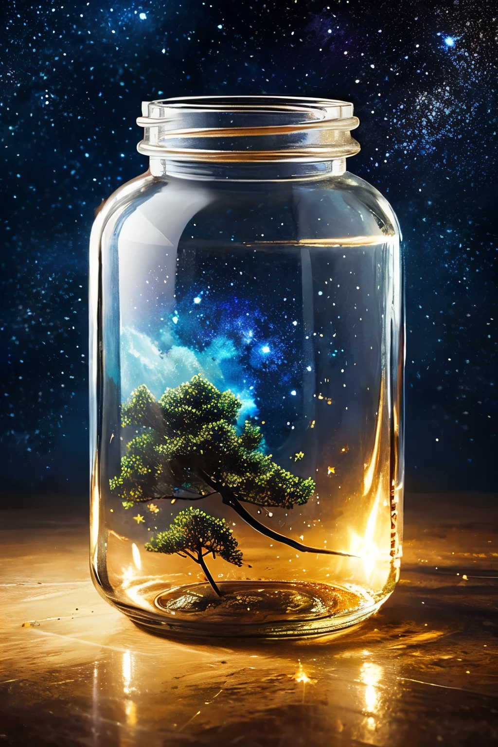 ​masterpiece、top-quality、（Very delicate and beautiful starry sky landscape trapped in a jar）、world masterpiece theater、high-resolutionisometric、top-quality、illustratio、Impasto、canvas、an oil painting、realism、realisitic
