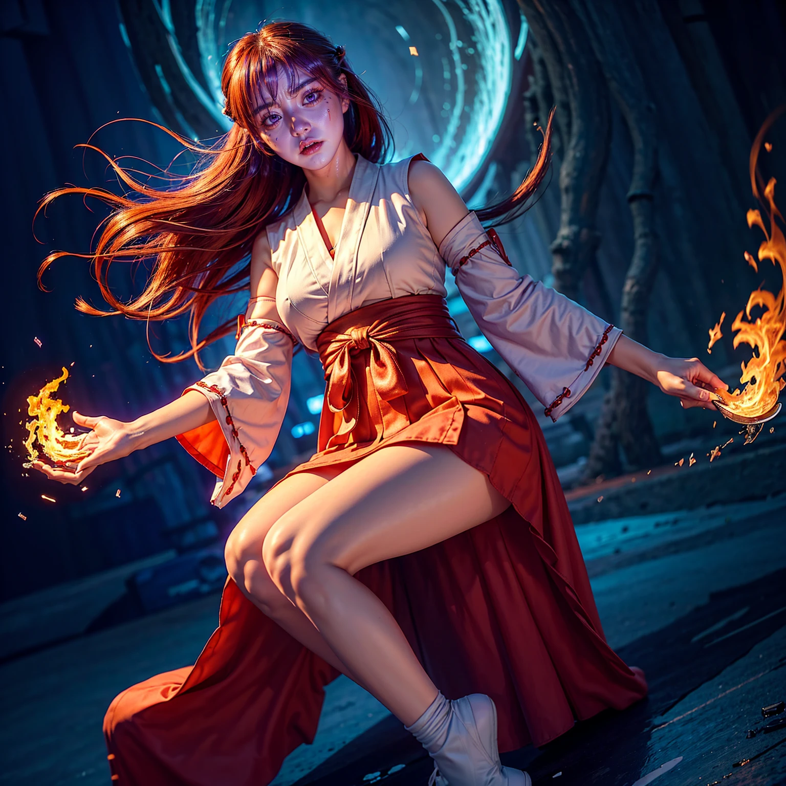 ultra-detailed, Explicit, Beautiful body, Beautiful Nose, Beautiful character design, perfect eyes, perfect face, ultra highres, 4K, beautiful legs, perfect legs, Nice hands, Perfect hand, Masterpiece, Best Quality, Highly detailed, illustration, absurdres, perfect anatomy, (angry face), glowing eyes, looking at viewer, mystic aura, female priestess, full body, goddess-like, mystic trance, perfect female body, (angry stare, japanese clothes, miko, detached sleeves, hakama, hakama skirt, red hakama, ribbon-trimmed sleeves, (serious stare), purple eyes (mystic fire in her eyes), horns, extending the right arm from the shoulder into the air with a straightened hand, 1girl, hair ornaments, orange redhair, long hair, purple eyes, red fire pupils, (((pixel-perfect, detail-perfect))), solo, 1girl, Hanyuu, higurashi when they cry, umineko when they cry, medium sized natural breasts, furious face, extremely angry facial expression, eye with flames surrounding it, fantasy art, angel eyes, amazing detail digital art, stunning digital art, amazing digital art, detailed fantasy digital art