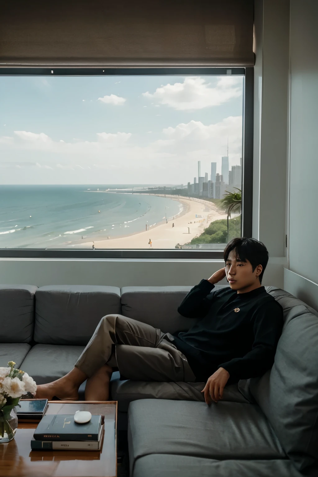 Un nombre Coreano guapo, sitting on a black sofa, In a room with a view of the beach, cerca de Nueva York