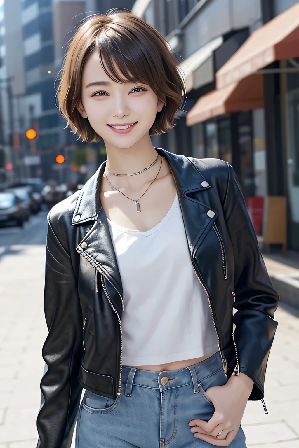 205 ((short hair)), 20-year-old female, In underwear、Leather jacket with sleeves unworn、Wear a jacket over your shoulders、smile、Beautiful teeth alignment、、Black Hair、ear piercing、Necklace around the neck、Looking into the camera, The background is the city