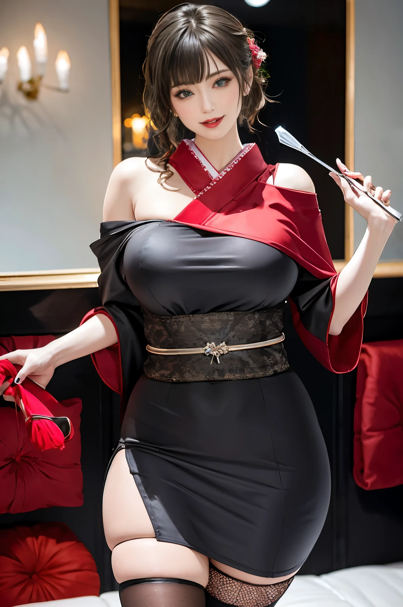 Kimono off shoulder,Knitwear is coming,Tight belt skirt,1 girl,1 female,Black fishnet stockings,Black gloves,Laughter,Non-NSWF,Tifa,blonde,Long-haired person,Very long straight hair,Top quality masterpiece, 1 girl, alone, Looking at the audience, Super huge breasts,Very large胸, blush ,1 girl,To the audience::, Very large, (Big Valley), (Large saggy breasts), At the hotel, sexy, glamorous, Wet body .