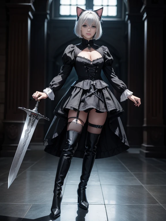 8K,最高masterpiece,One woman,Smile,30 years old,blue eyes,White Hair,Short Bob Hair,(Gothic ta),Dutch beauty,Ella Freya(Ella Freya),2b, One girl, alone, short hair, Knee socks, gloves, Long sleeve, dress, Holding,Slender figure, Cleavage, Small breasts, arms, Gray Hair, hair band, boots, Puffy sleeves, sword, black Knee socks, Black footwear, Holding arms, Mole, black dress, High heels, leotard, Clothing cutouts, thigh boots, Holding sword, Cleavage cutout, knife, black hair band, Juliet Sleeve, Mole under mouth, In-person audience, high heel boots, Feather ornament sleeves, masterpiece,Dynamic Angle,skirt lift,Panty Shot,Cat ear,Dynamic Pose