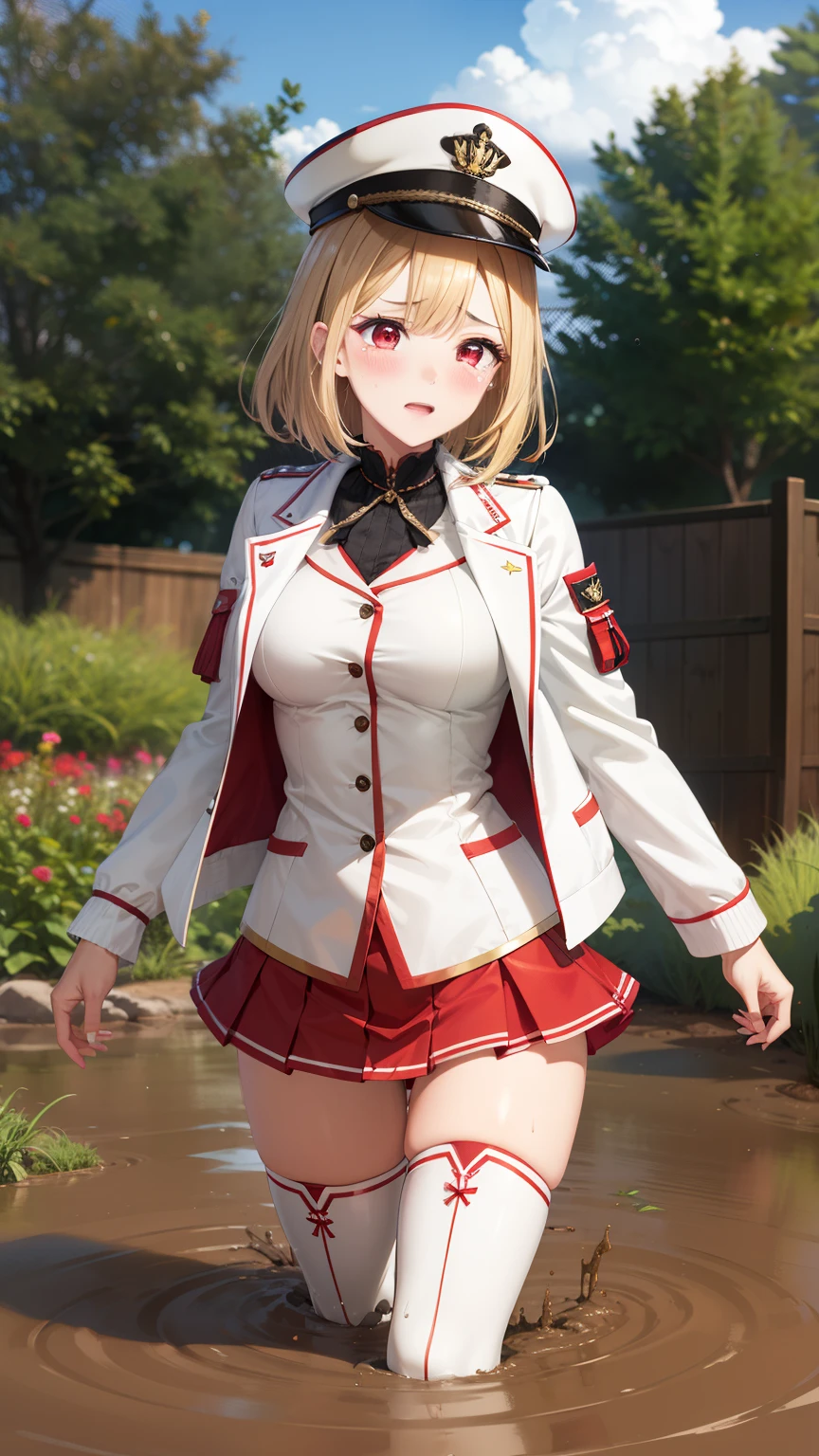 masterpiece, ultra-detailed, illustration, game cg, best quality, highres, kitagawa marin, 1girl, short fluffy blonde hair, swept bangs, gradient hair, red eyes, glossy lips, light smile, blush, medium breasts, military hat, red puffy miniskirt, tight white closed jacket, red thigh boots, upset, (sinking in mud), garden, crying
